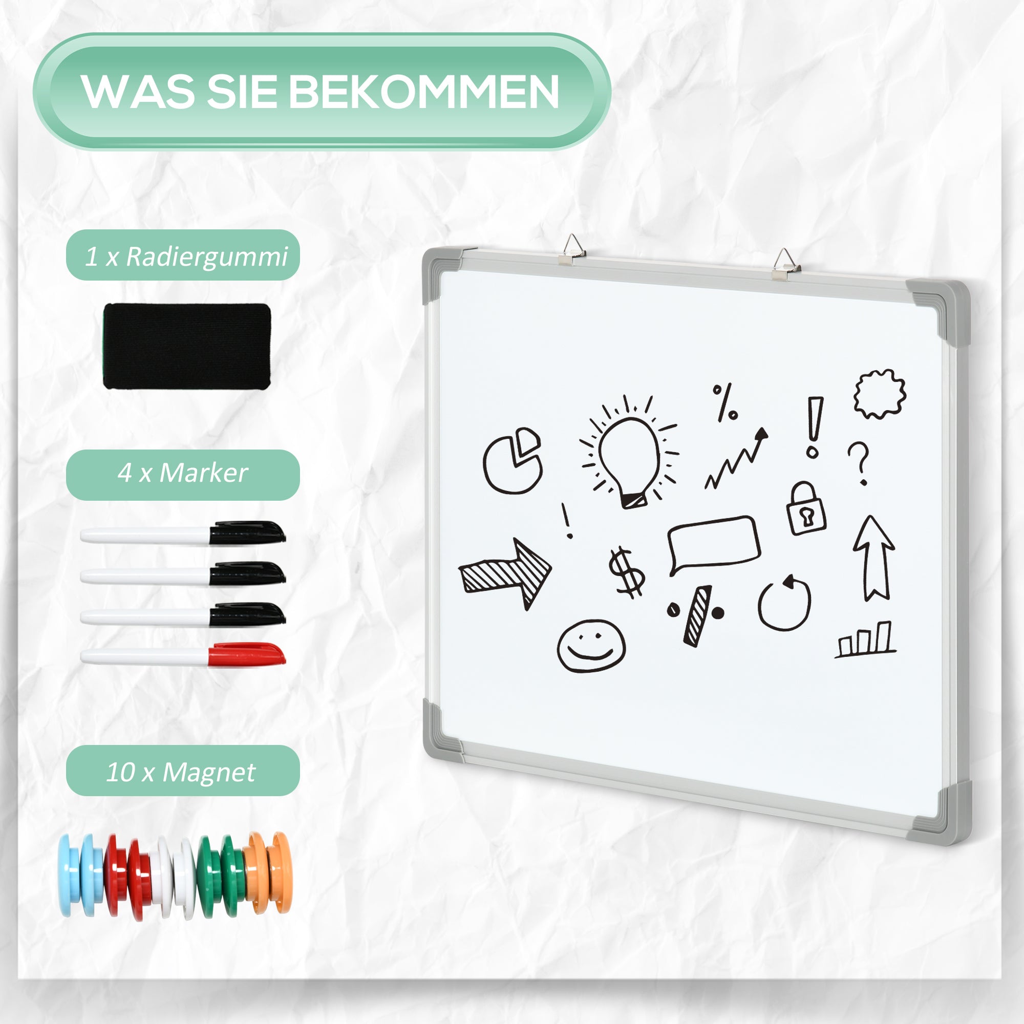 Whiteboard Magnetic Whiteboard with 4 Markers 1 Eraser 10 Magnets Easel Wall Mount Easy to Wipe 60 x 1.8 x 45 cm