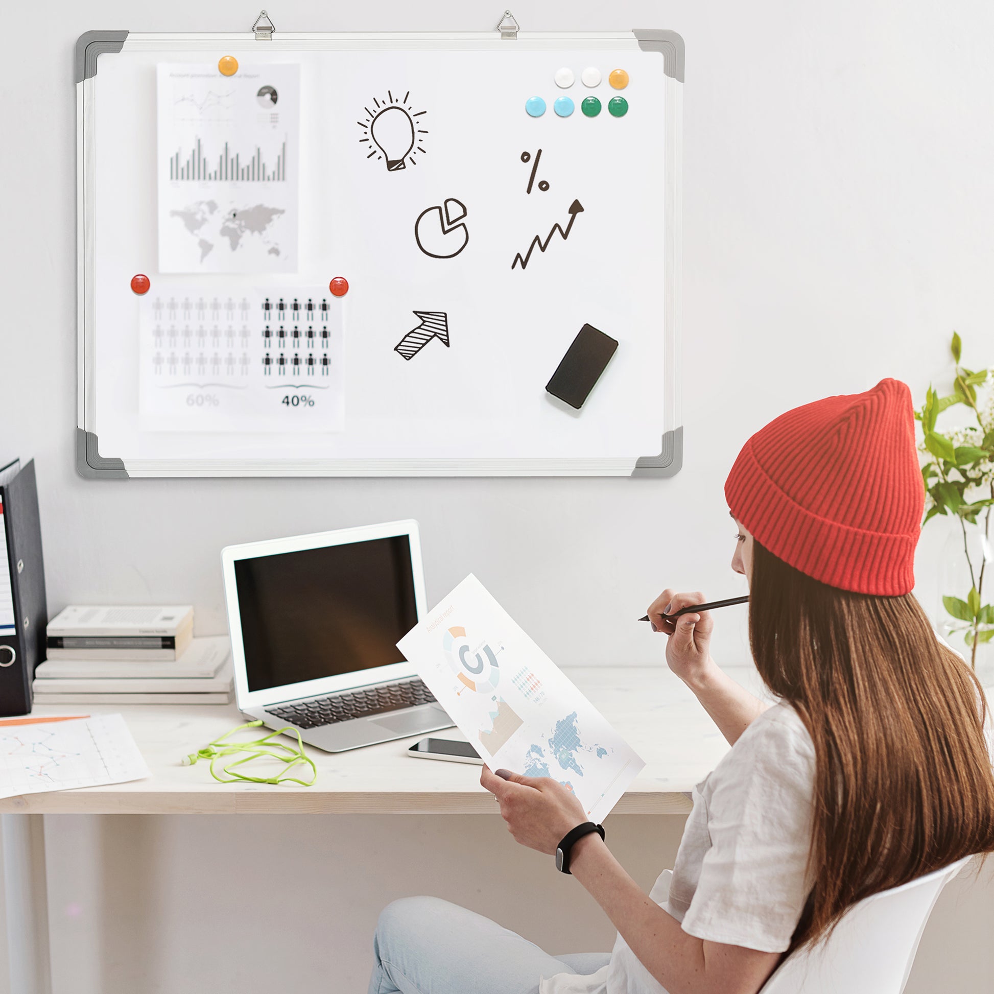 Whiteboard Magnetic Whiteboard with 4 Markers 1 Eraser 10 Magnets Easel Wall Mount Easy to Wipe 60 x 1.8 x 45 cm