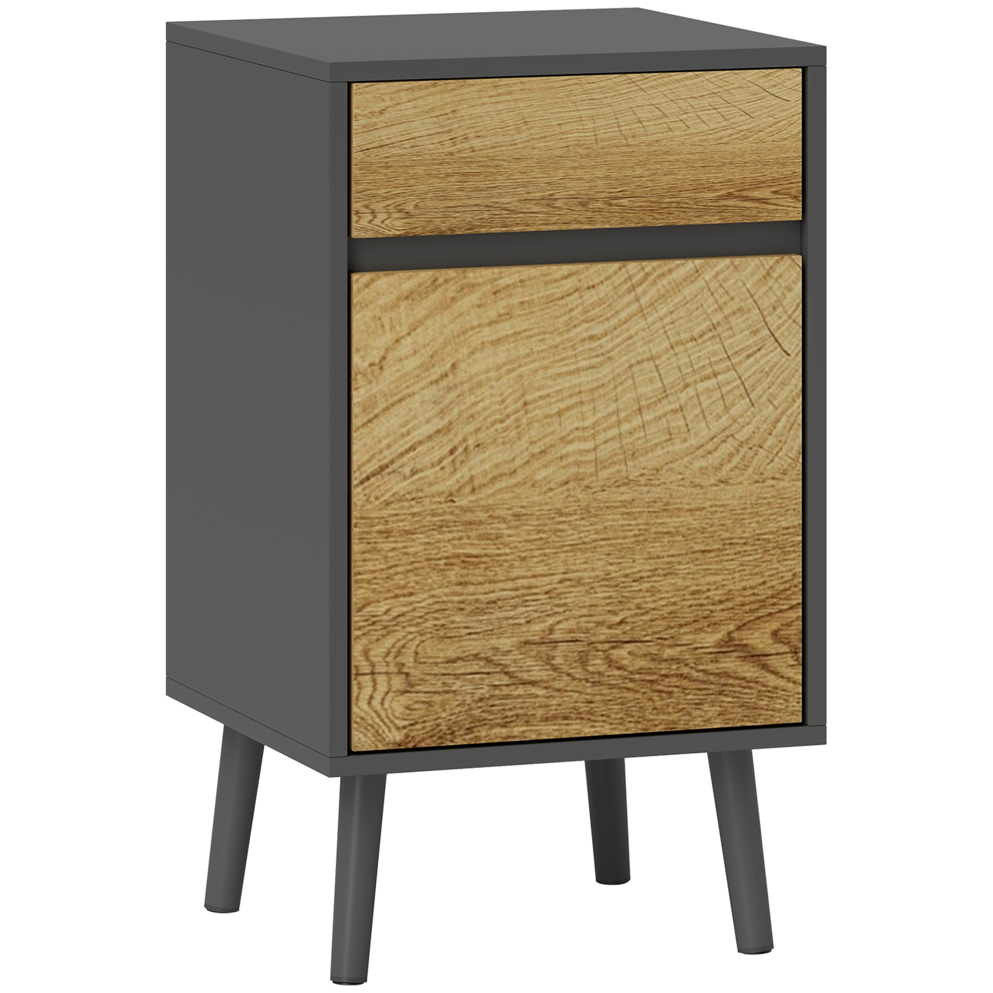 Bedroom Bedside Table with Drawer and Cabinet with Adjustable Shelf, Modern Handleless Multipurpose Living Room Table, Dark Grey and Wood