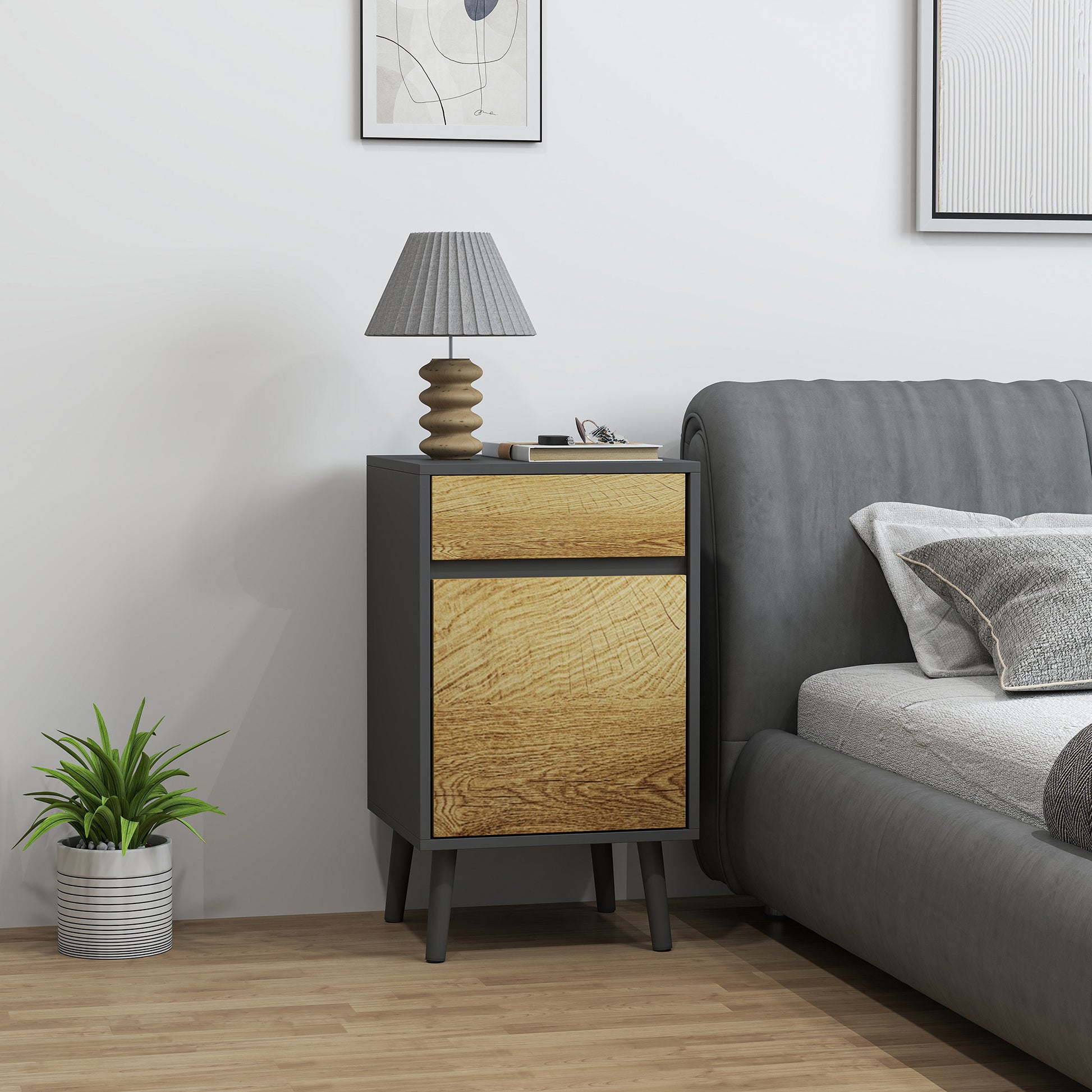 Bedroom Bedside Table with Drawer and Cabinet with Adjustable Shelf, Modern Handleless Multipurpose Living Room Table, Dark Grey and Wood