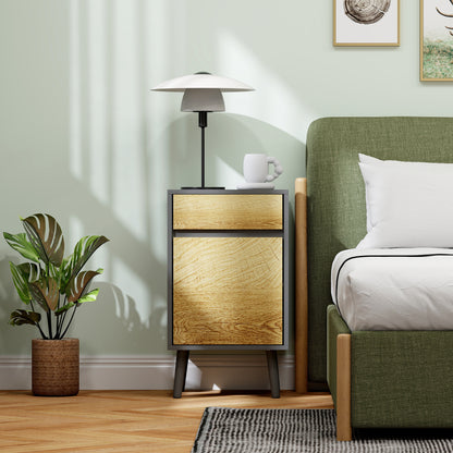 Bedroom Bedside Table with Drawer and Cabinet with Adjustable Shelf, Modern Handleless Multipurpose Living Room Table, Dark Grey and Wood