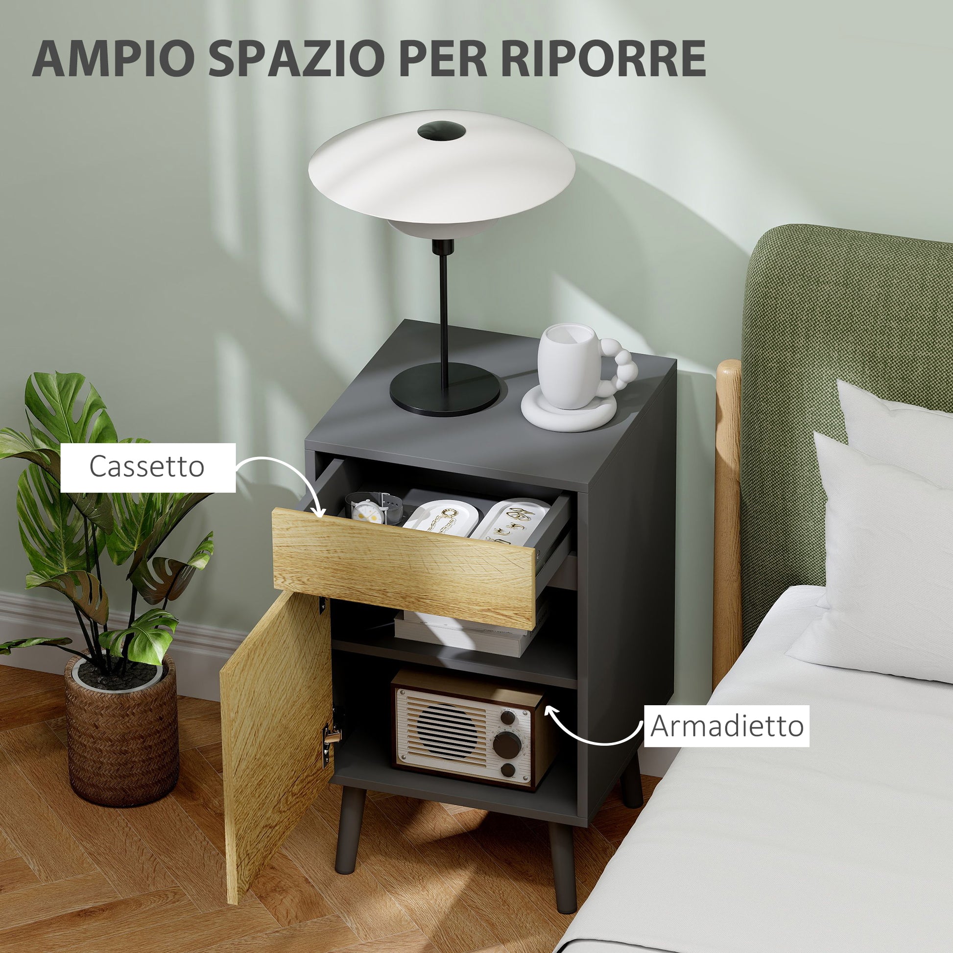 Bedroom Bedside Table with Drawer and Cabinet with Adjustable Shelf, Modern Handleless Multipurpose Living Room Table, Dark Grey and Wood
