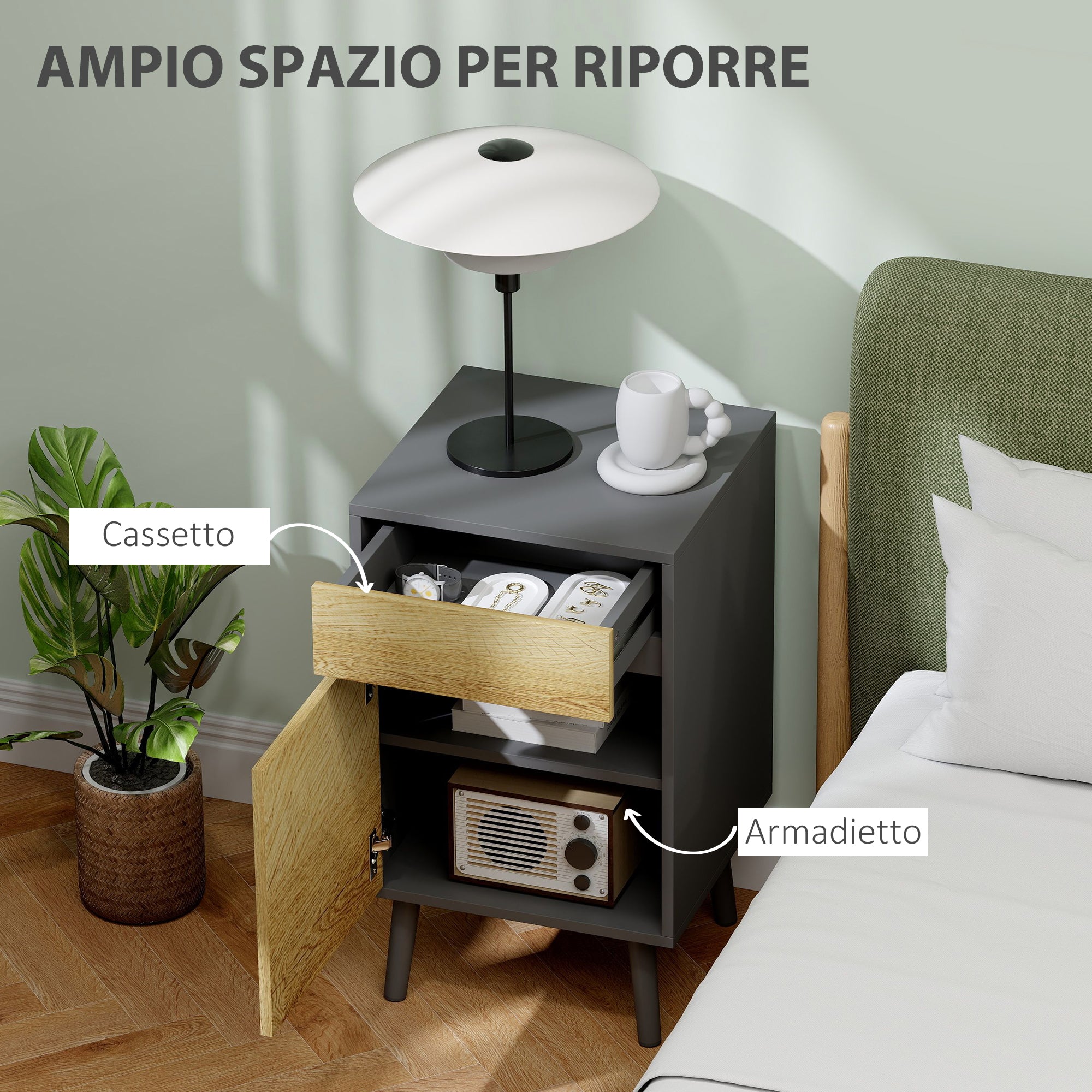 Bedroom Bedside Table with Drawer and Cabinet with Adjustable Shelf, Modern Handleless Multipurpose Living Room Table, Dark Grey and Wood