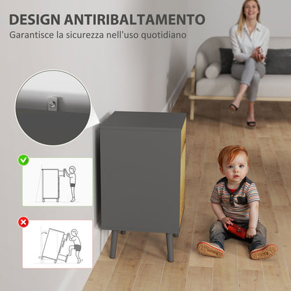 Bedroom Bedside Table with Drawer and Cabinet with Adjustable Shelf, Modern Handleless Multipurpose Living Room Table, Dark Grey and Wood