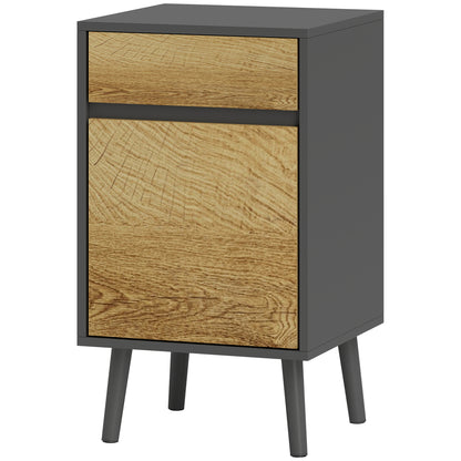 Bedroom Bedside Table with Drawer and Cabinet with Adjustable Shelf, Modern Handleless Multipurpose Living Room Table, Dark Grey and Wood