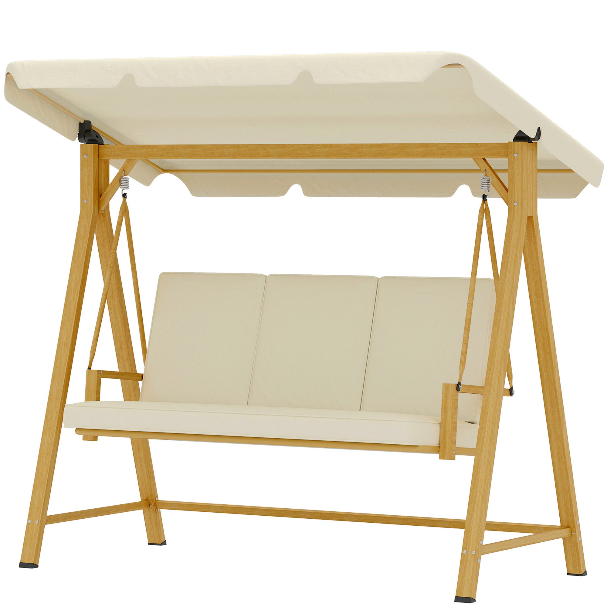 Garden Swing with Adjustable Canopy for 3 People - Outdoor Swing with Cushions and Wood Grain Structure Load 330 kg 195x120x170 cm Beige