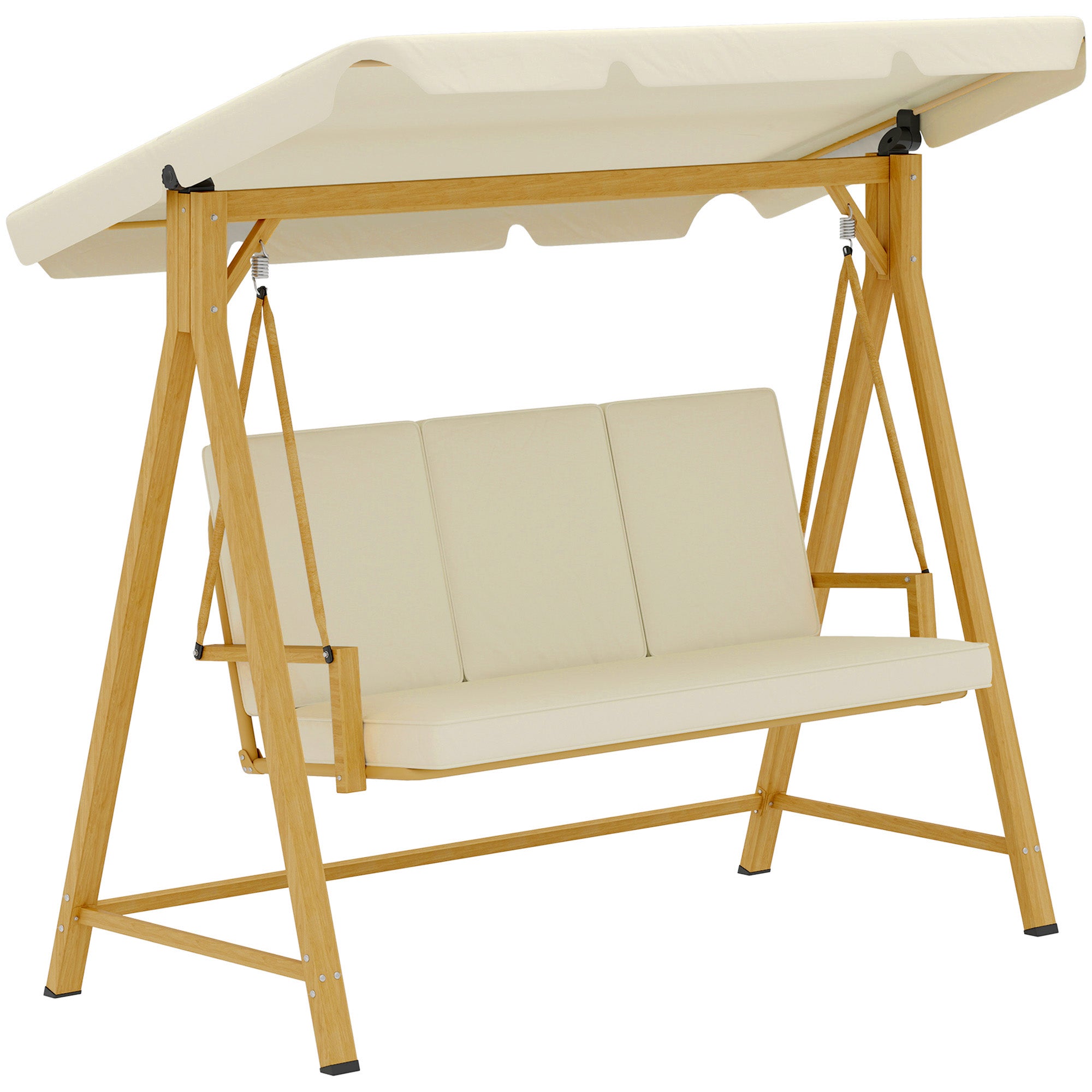 Garden Swing with Adjustable Canopy for 3 People - Outdoor Swing with Cushions and Wood Grain Structure Load 330 kg 195x120x170 cm Beige