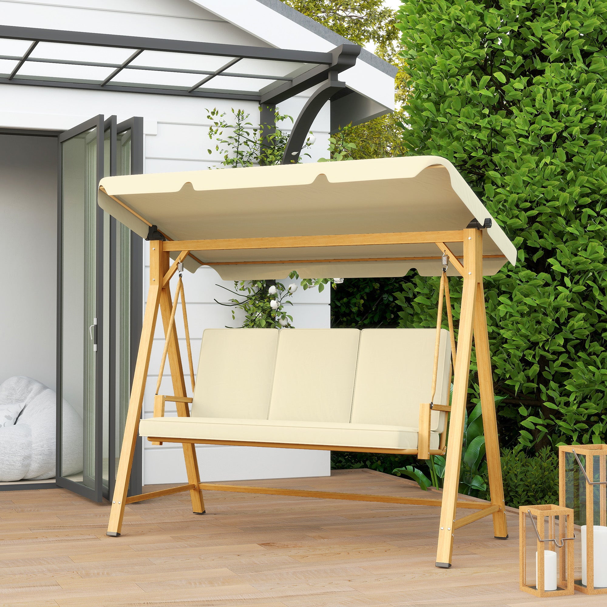 Garden Swing with Adjustable Canopy for 3 People - Outdoor Swing with Cushions and Wood Grain Structure Load 330 kg 195x120x170 cm Beige
