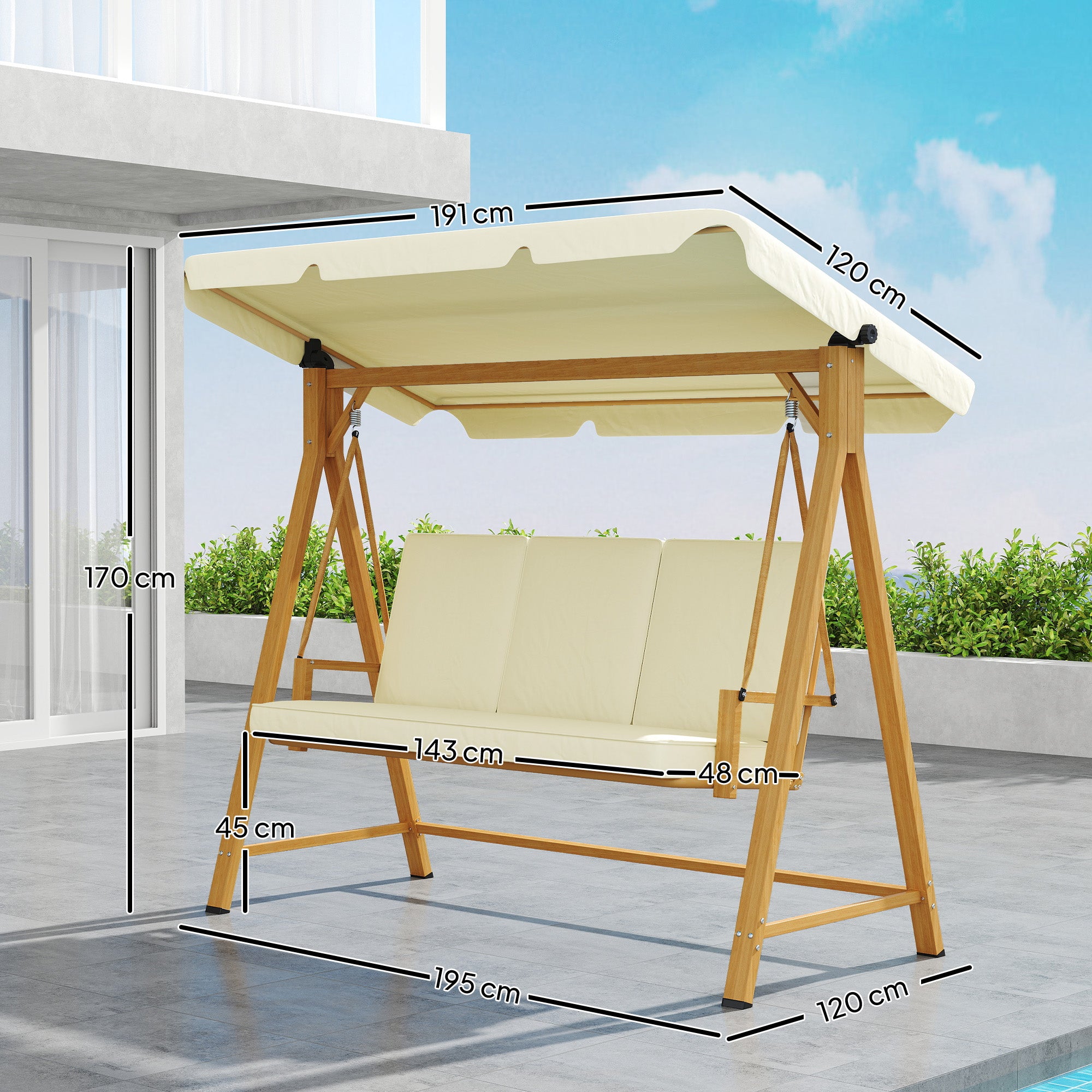 Garden Swing with Adjustable Canopy for 3 People - Outdoor Swing with Cushions and Wood Grain Structure Load 330 kg 195x120x170 cm Beige