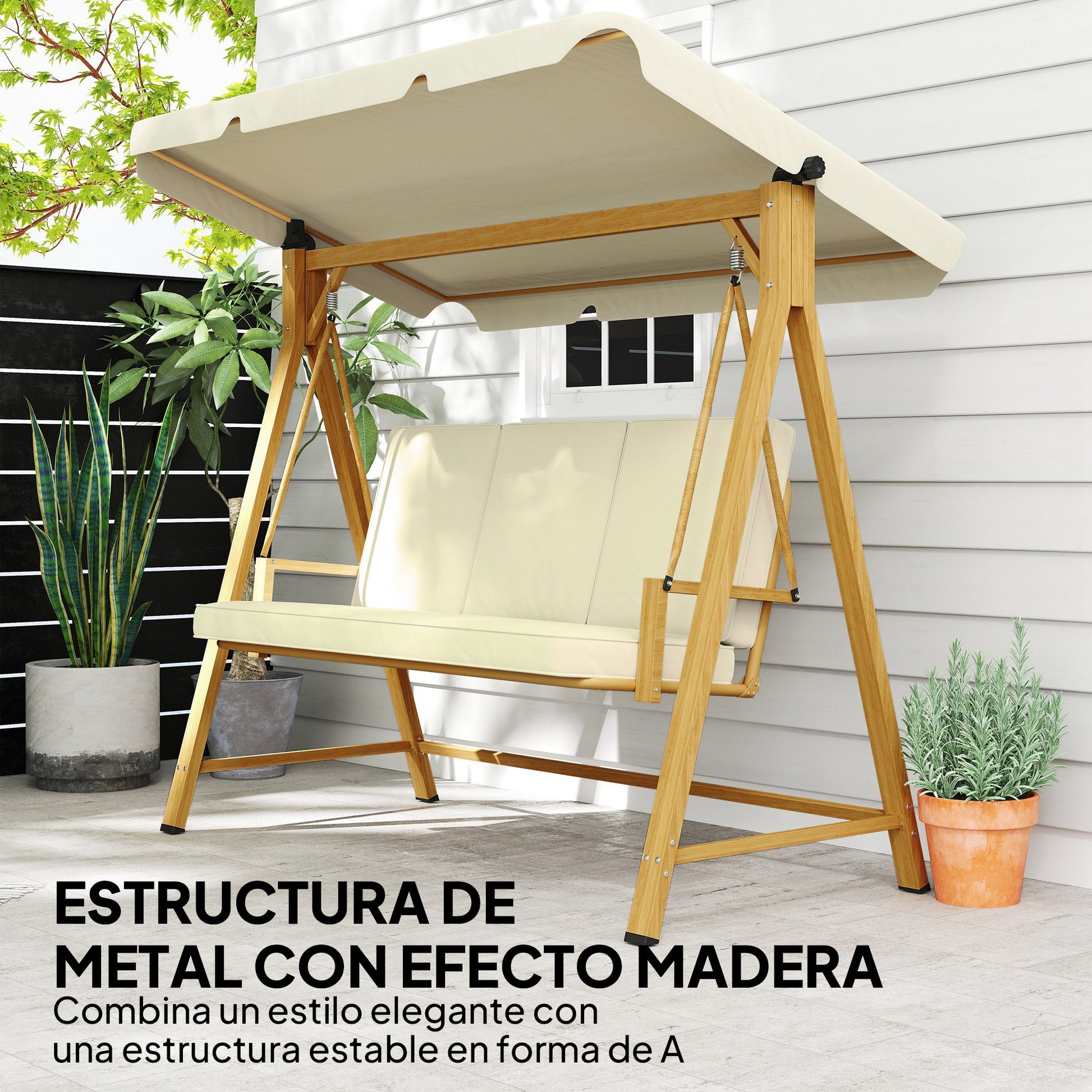 Garden Swing with Adjustable Canopy for 3 People - Outdoor Swing with Cushions and Wood Grain Structure Load 330 kg 195x120x170 cm Beige