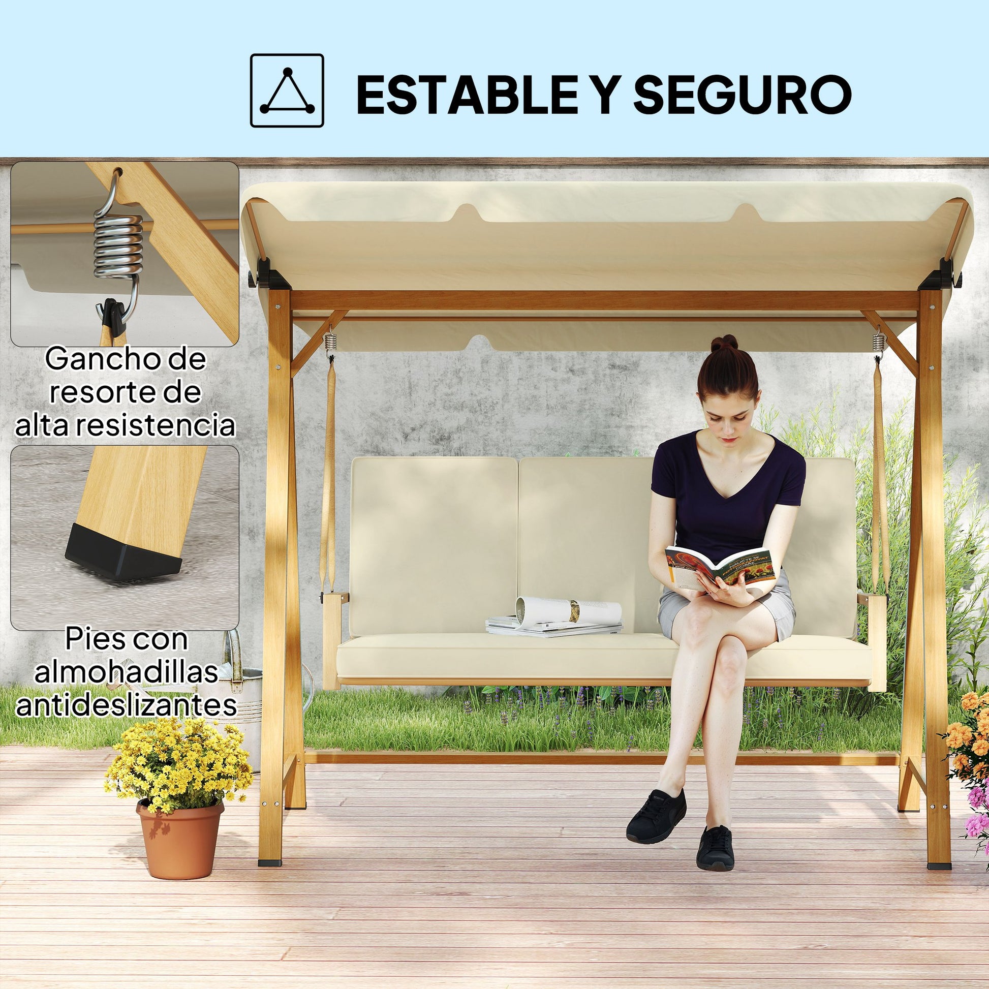 Garden Swing with Adjustable Canopy for 3 People - Outdoor Swing with Cushions and Wood Grain Structure Load 330 kg 195x120x170 cm Beige