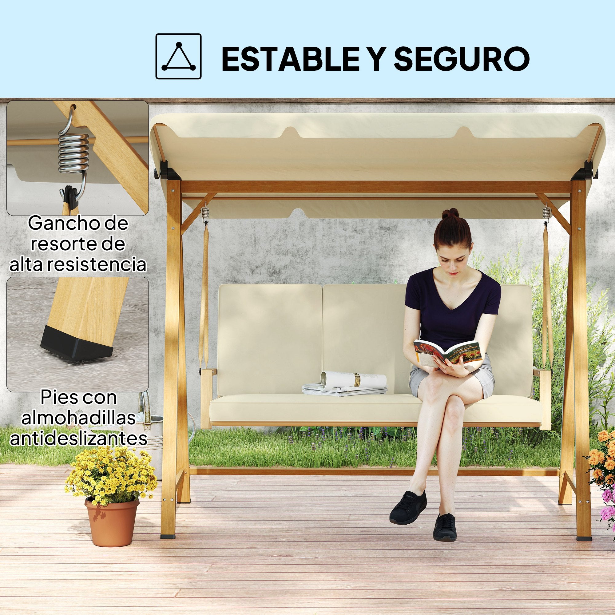 Garden Swing with Adjustable Canopy for 3 People - Outdoor Swing with Cushions and Wood Grain Structure Load 330 kg 195x120x170 cm Beige