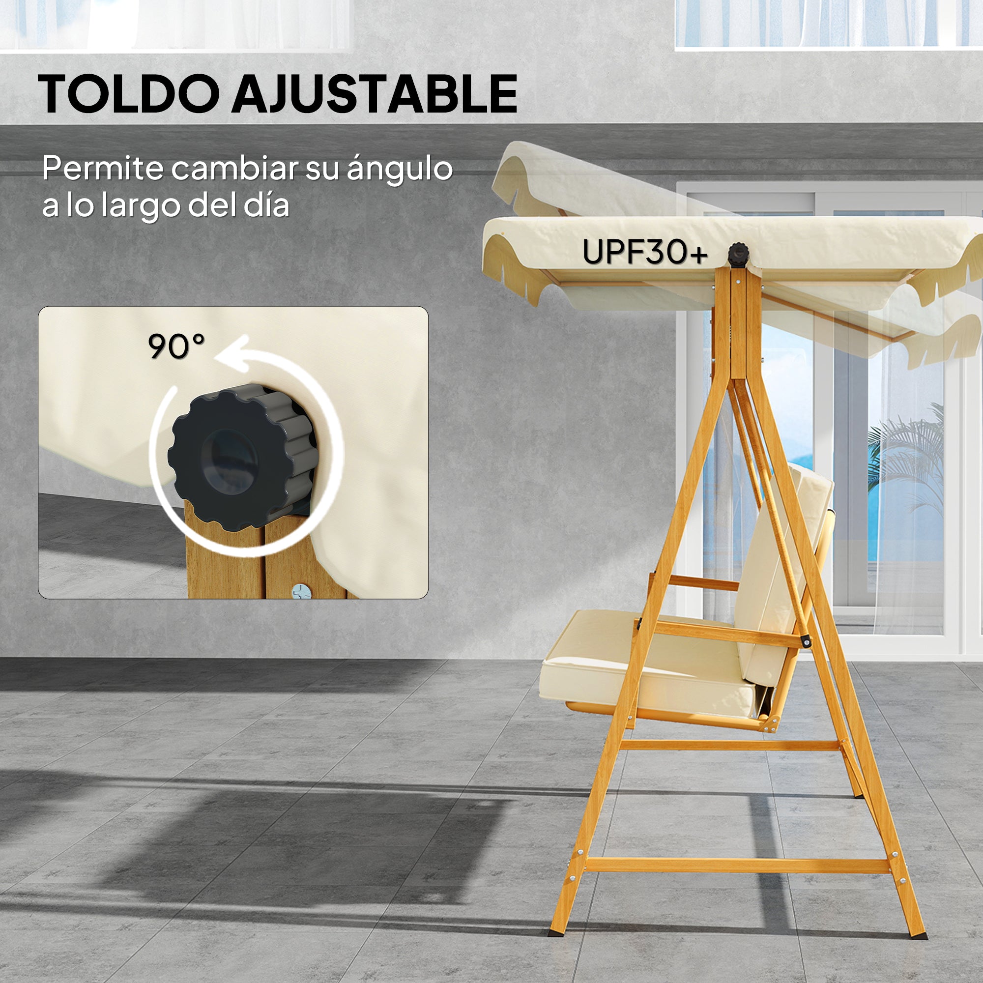 Garden Swing with Adjustable Canopy for 3 People - Outdoor Swing with Cushions and Wood Grain Structure Load 330 kg 195x120x170 cm Beige
