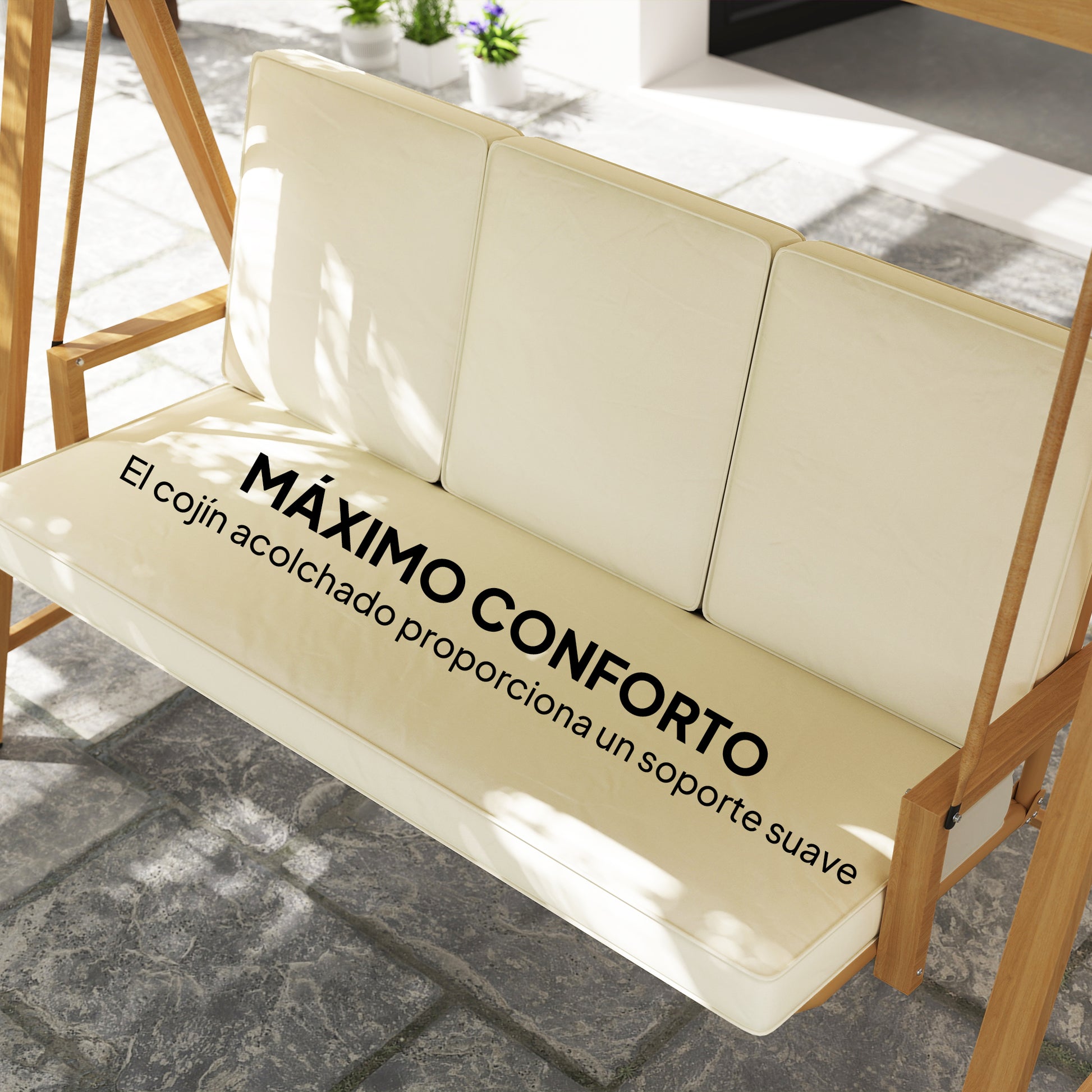Garden Swing with Adjustable Canopy for 3 People - Outdoor Swing with Cushions and Wood Grain Structure Load 330 kg 195x120x170 cm Beige