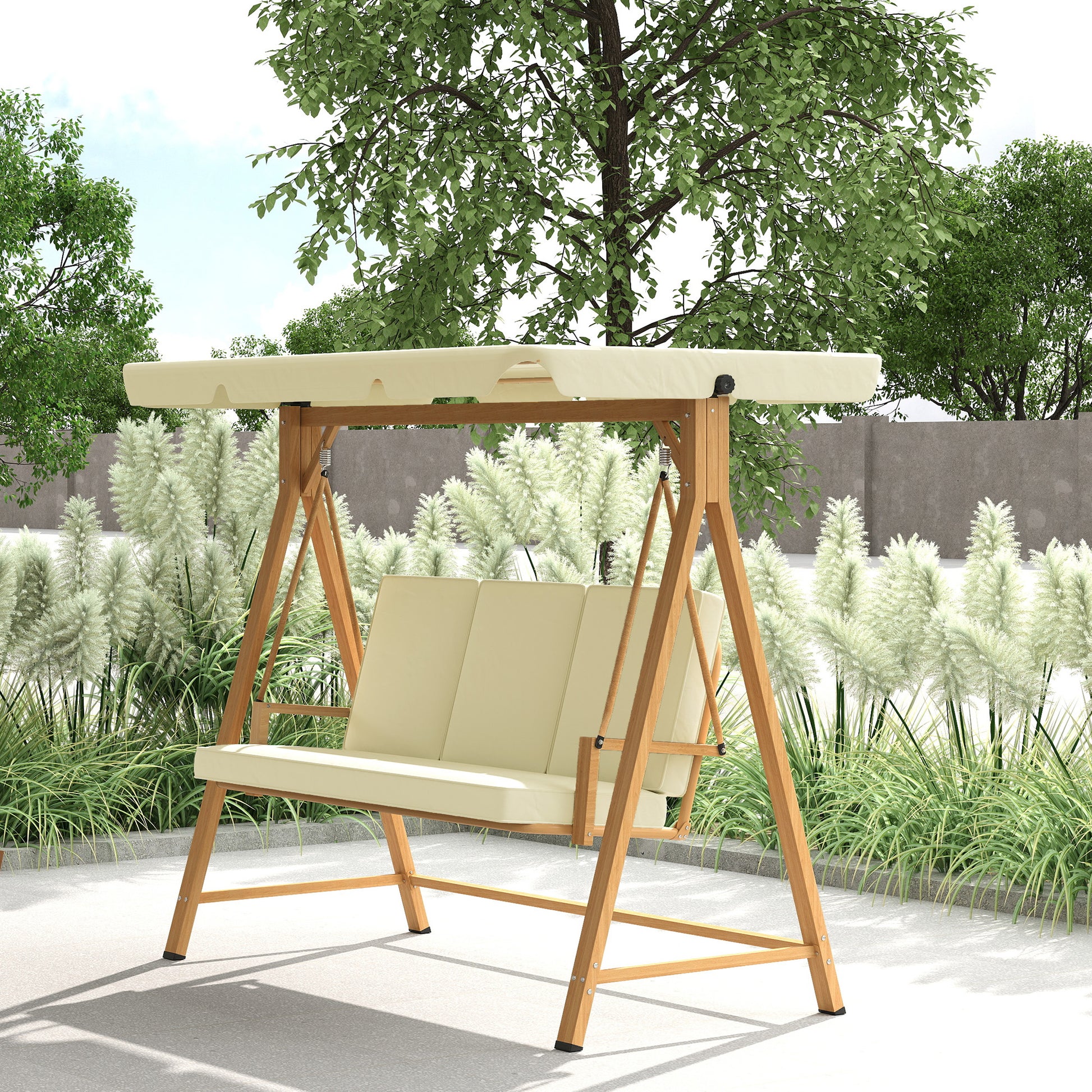 Garden Swing with Adjustable Canopy for 3 People - Outdoor Swing with Cushions and Wood Grain Structure Load 330 kg 195x120x170 cm Beige