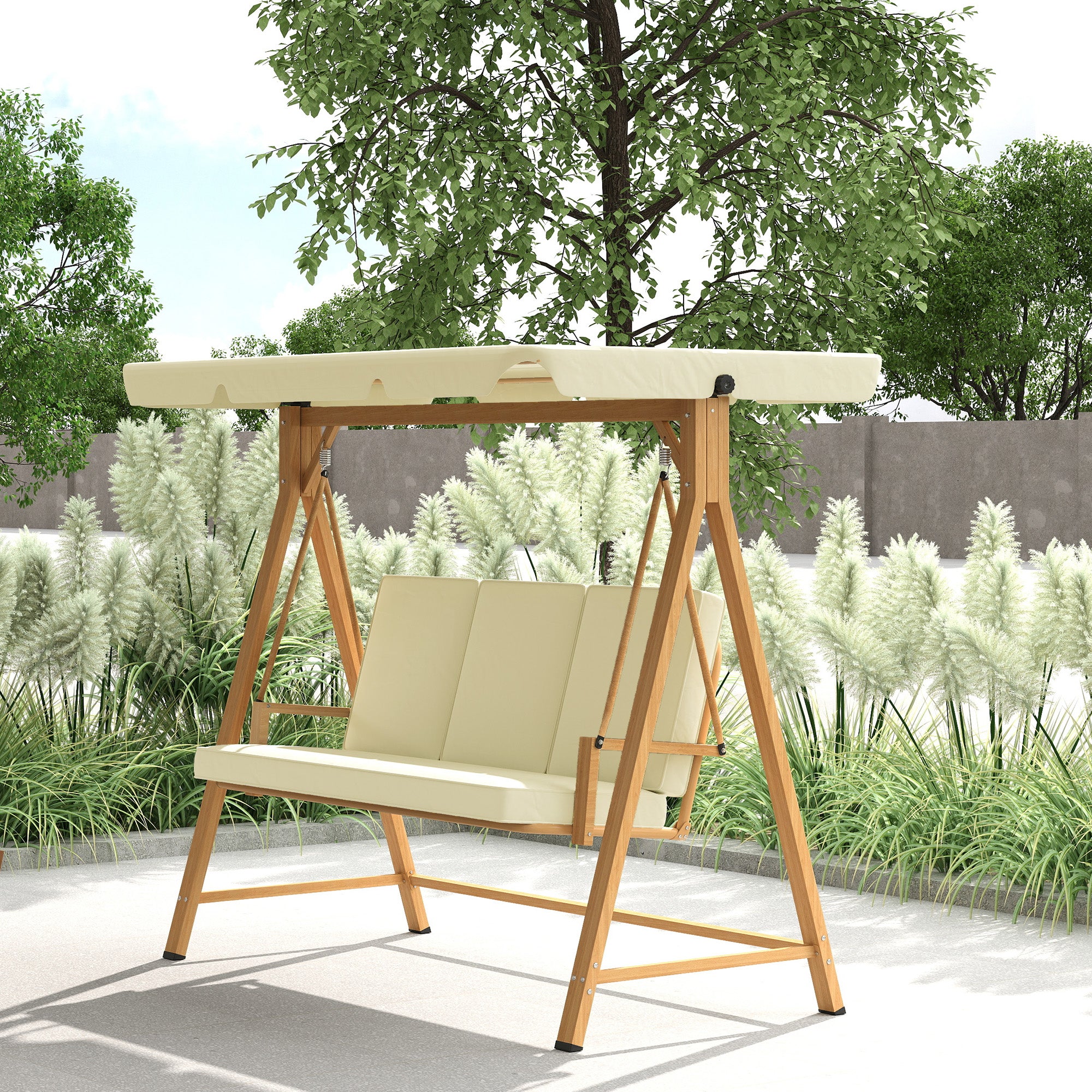 Garden Swing with Adjustable Canopy for 3 People - Outdoor Swing with Cushions and Wood Grain Structure Load 330 kg 195x120x170 cm Beige