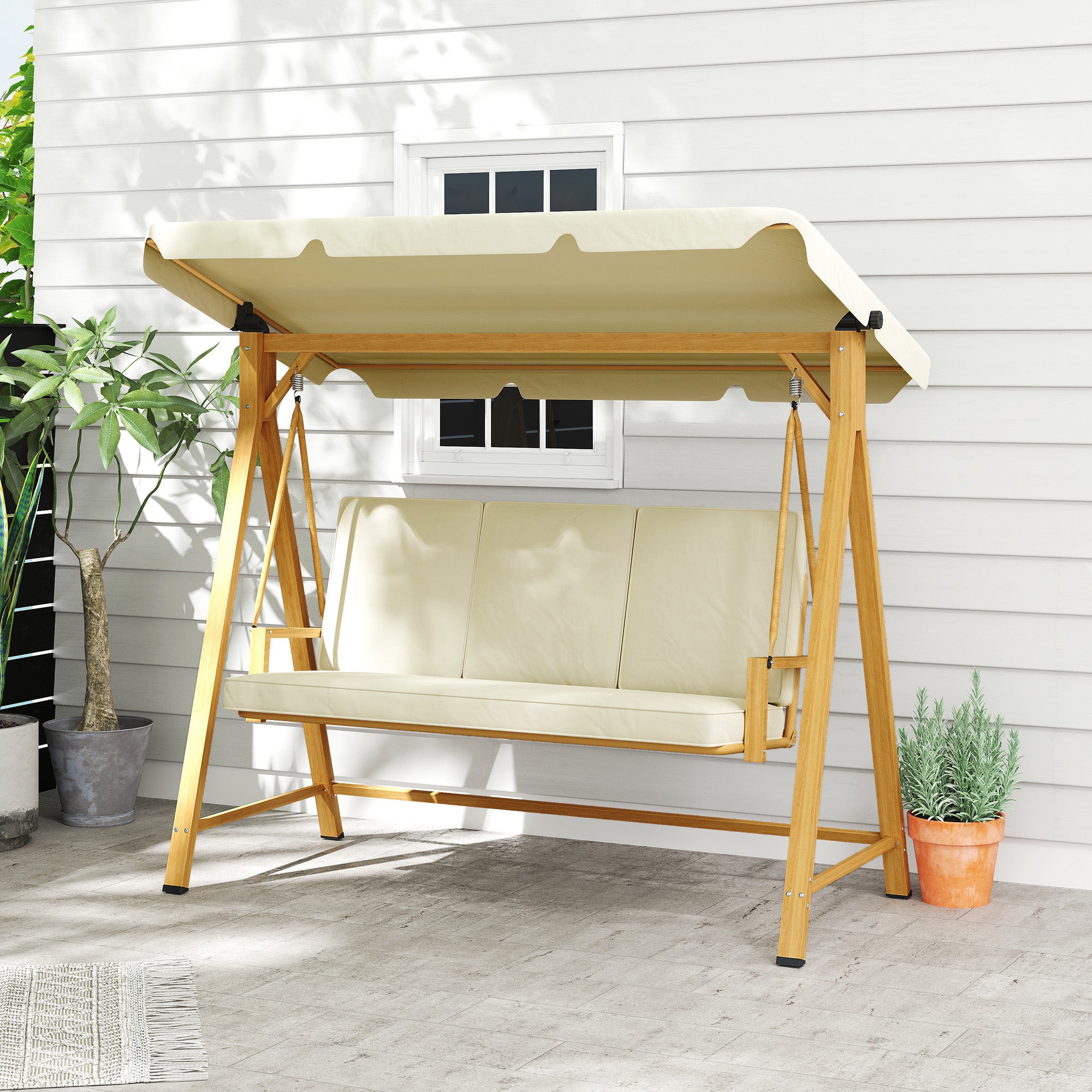 Garden Swing with Adjustable Canopy for 3 People - Outdoor Swing with Cushions and Wood Grain Structure Load 330 kg 195x120x170 cm Beige