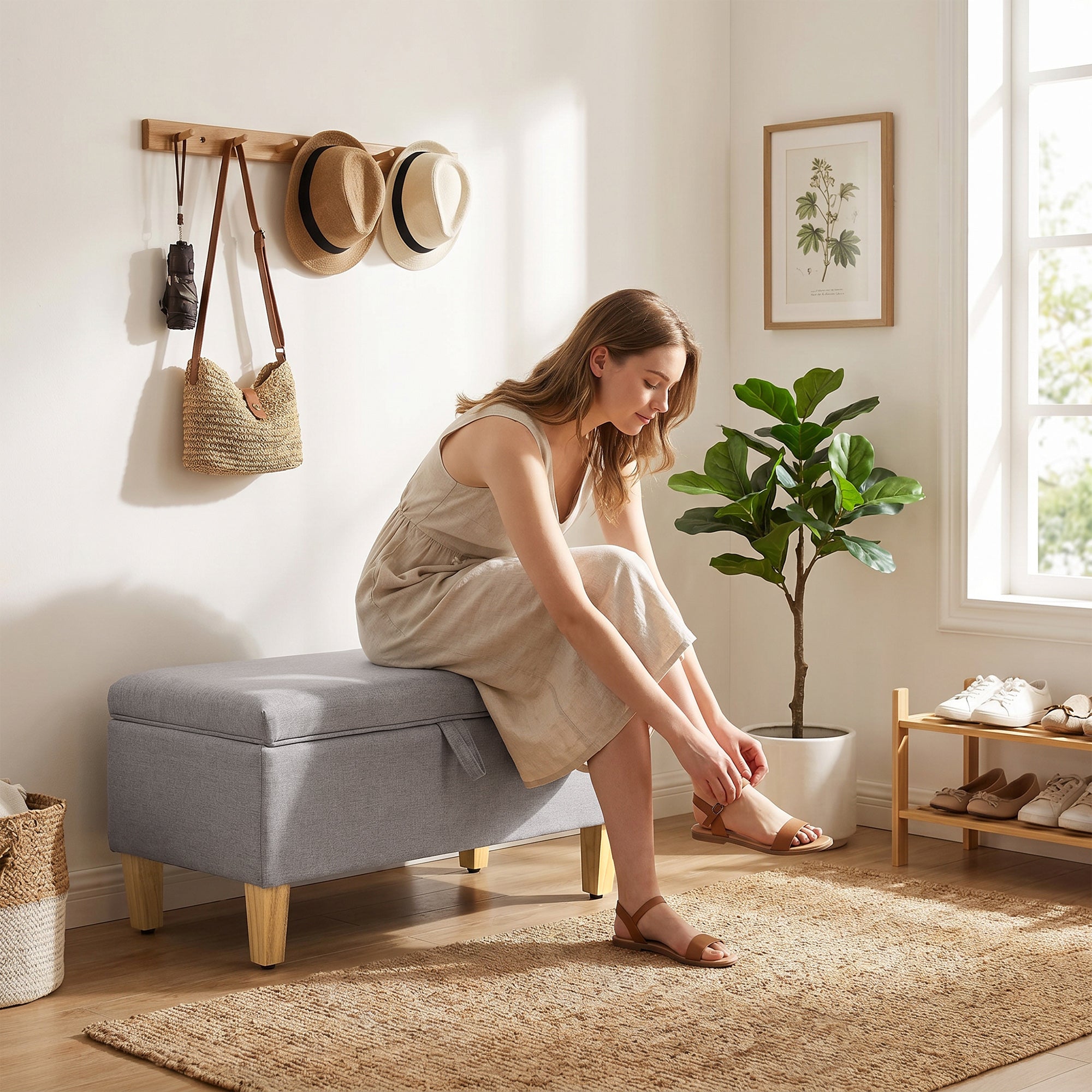 Storage Bench — Linen-Upholstered End-of-Bed Ottoman with Rubberwood Legs, Light Gray, 71 x 37 x 36 cm (28.0 x 14.6 x 14.2 in)