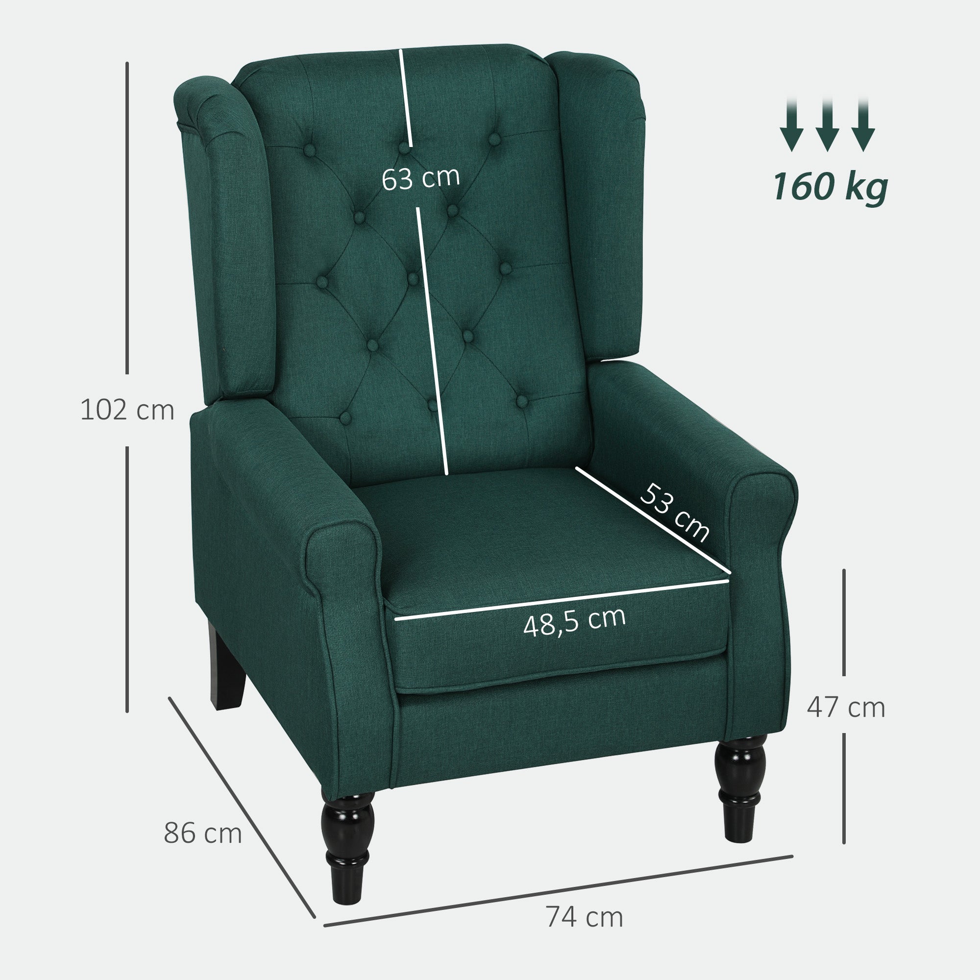 Wingback Armchair with Armrests, Tufted High-Back Lounge Chair with Cushion, Eucalyptus Wood Legs, Dark Green