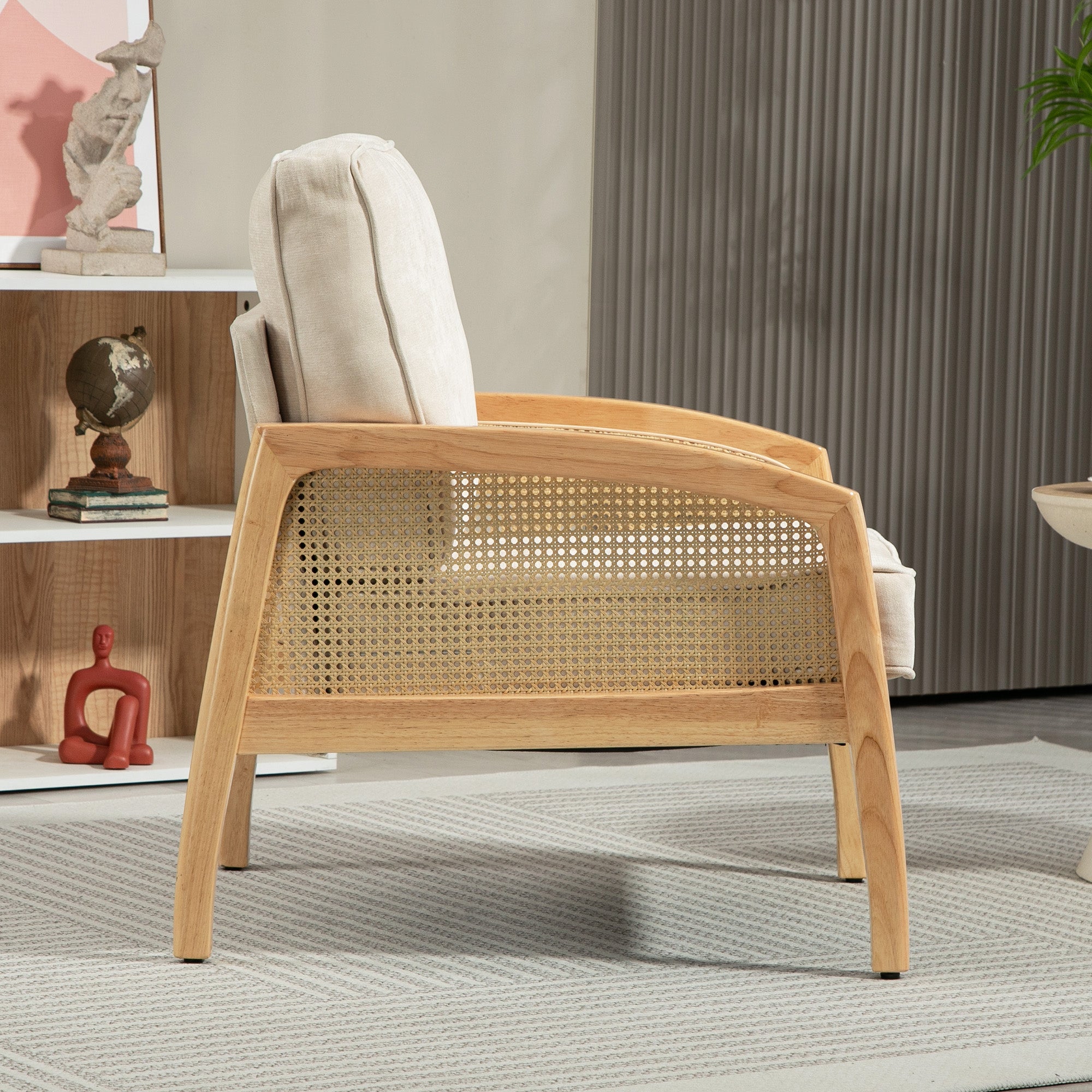 Modern Lounge Armchair for Bedroom with Rattan Armrests Removable Cushion and Wooden Legs Reading Sofa Load 120 kg for Office Living Room Beige