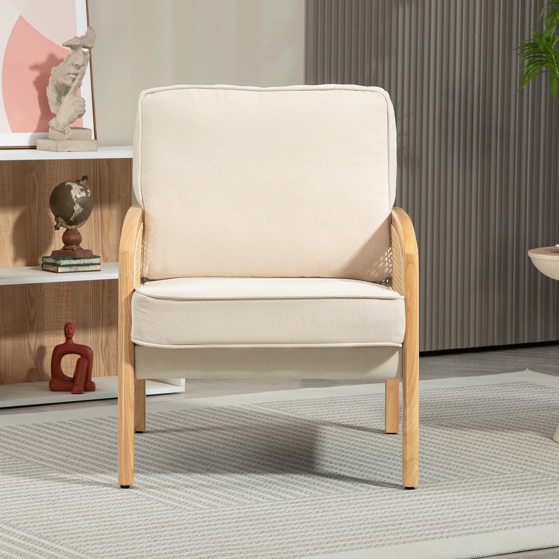 Modern Lounge Armchair for Bedroom with Rattan Armrests Removable Cushion and Wooden Legs Reading Sofa Load 120 kg for Office Living Room Beige