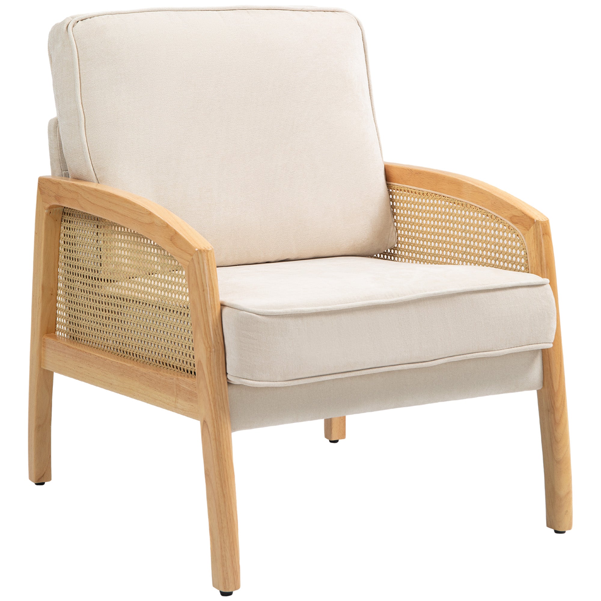 Modern Lounge Armchair for Bedroom with Rattan Armrests Removable Cushion and Wooden Legs Reading Sofa Load 120 kg for Office Living Room Beige