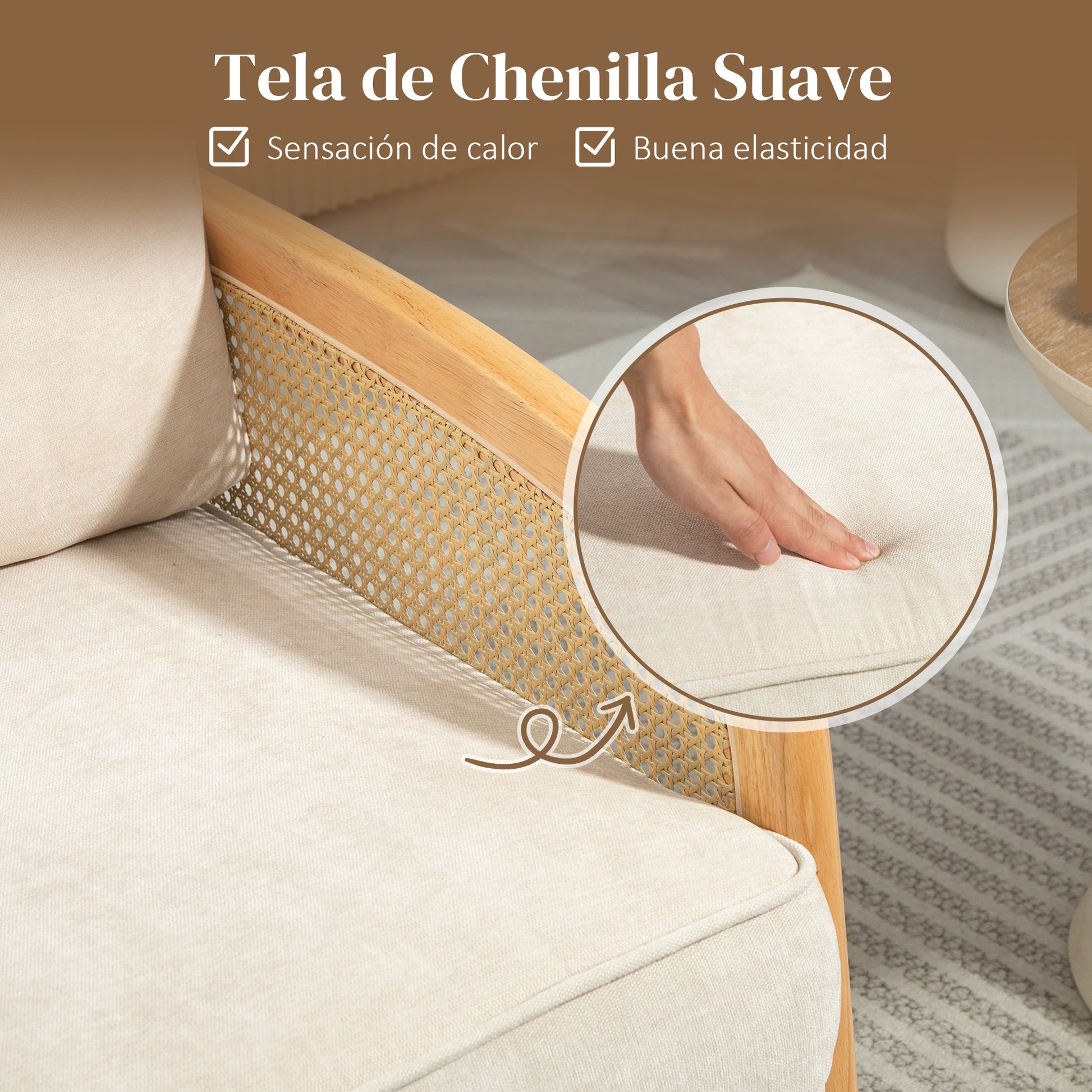 Modern Lounge Armchair for Bedroom with Rattan Armrests Removable Cushion and Wooden Legs Reading Sofa Load 120 kg for Office Living Room Beige