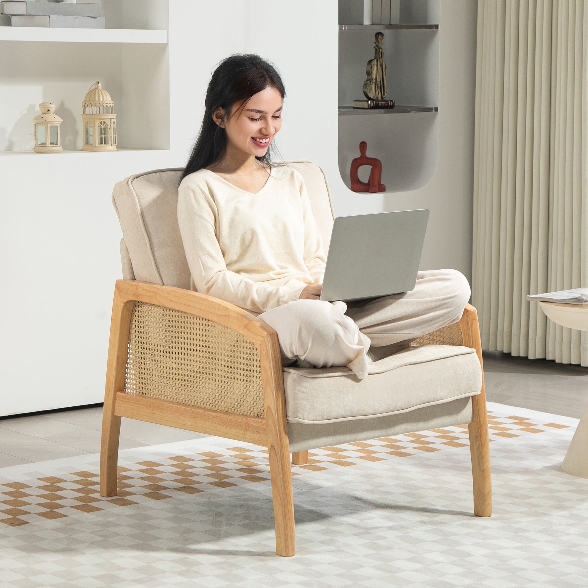 Modern Lounge Armchair for Bedroom with Rattan Armrests Removable Cushion and Wooden Legs Reading Sofa Load 120 kg for Office Living Room Beige