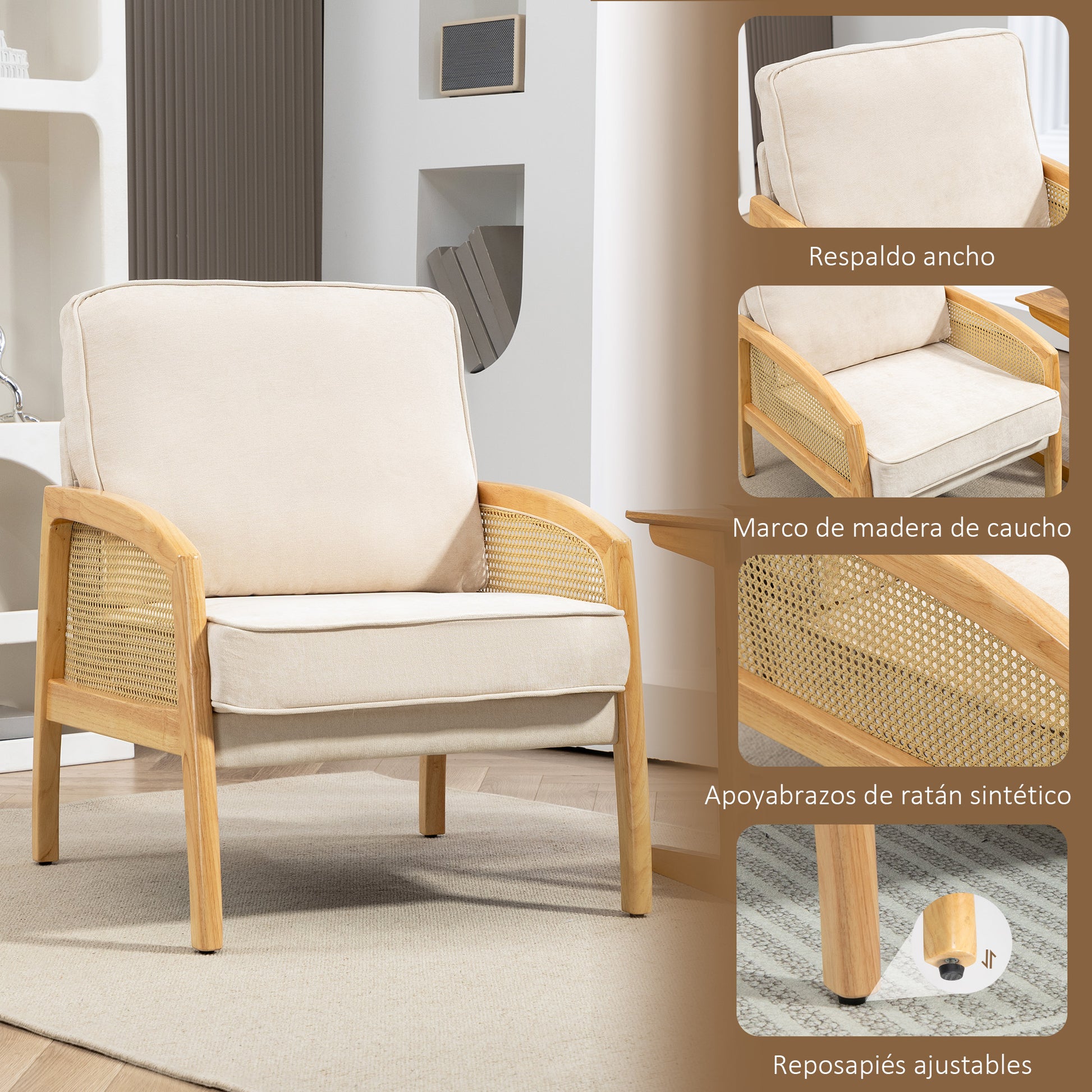 Modern Lounge Armchair for Bedroom with Rattan Armrests Removable Cushion and Wooden Legs Reading Sofa Load 120 kg for Office Living Room Beige