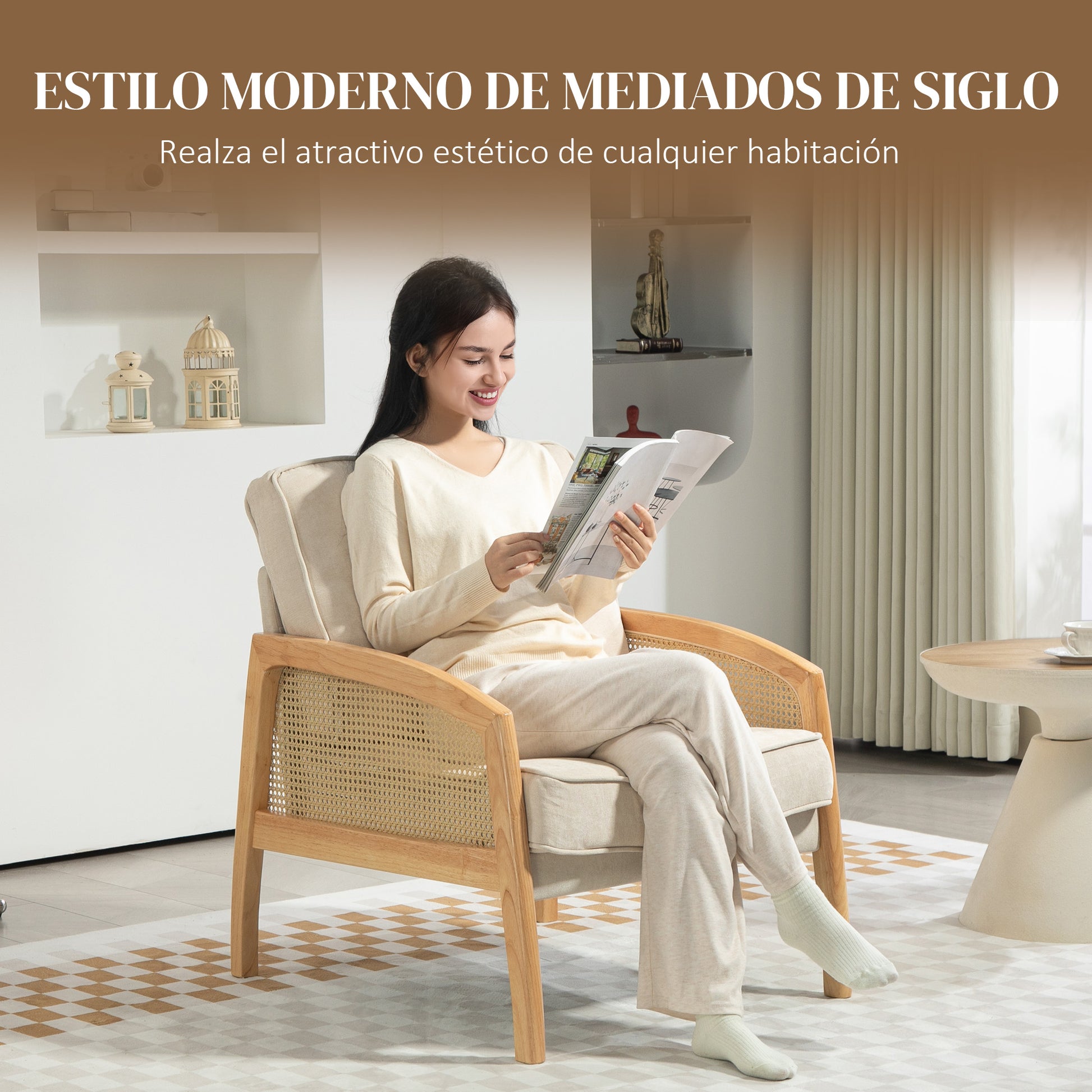 Modern Lounge Armchair for Bedroom with Rattan Armrests Removable Cushion and Wooden Legs Reading Sofa Load 120 kg for Office Living Room Beige