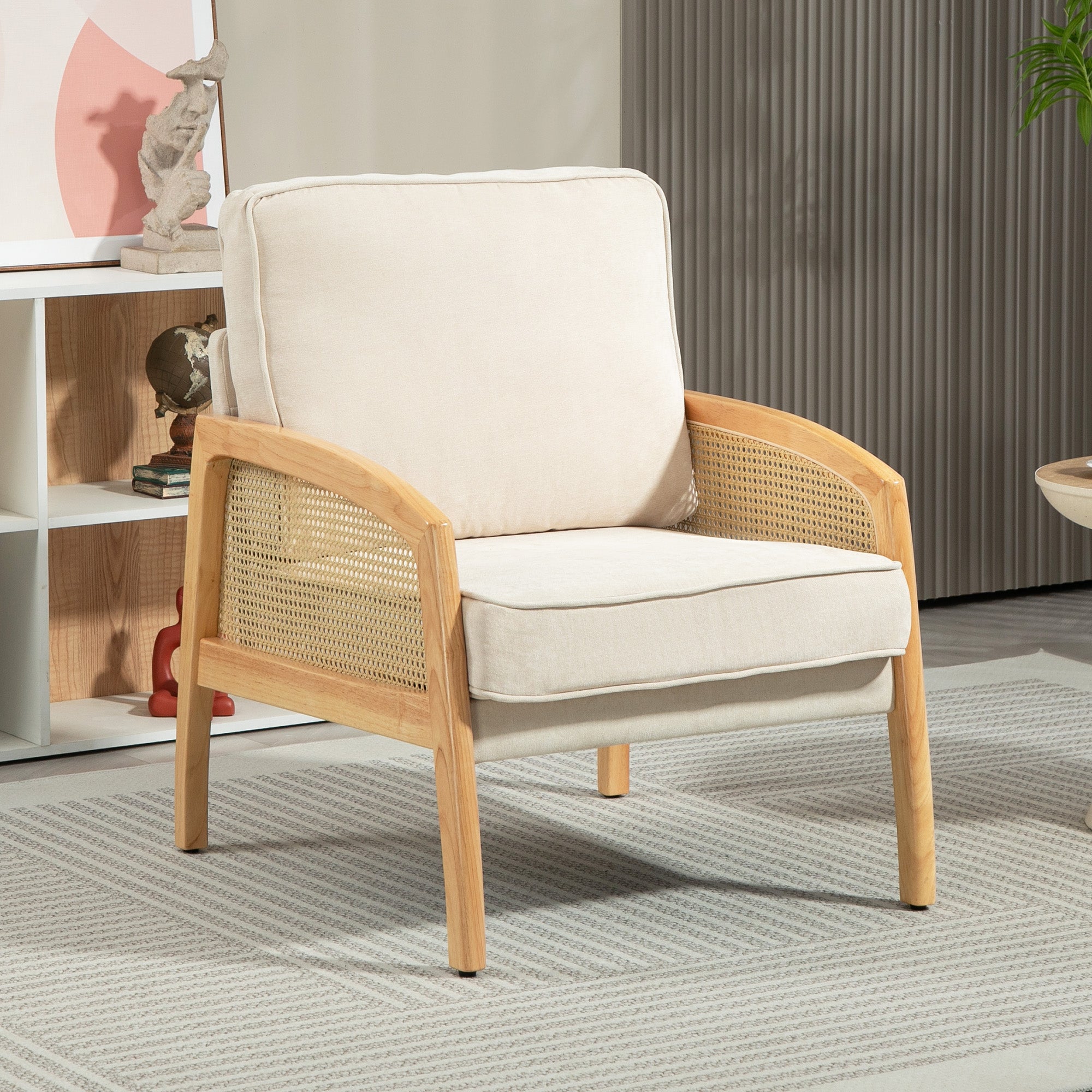 Modern Lounge Armchair for Bedroom with Rattan Armrests Removable Cushion and Wooden Legs Reading Sofa Load 120 kg for Office Living Room Beige