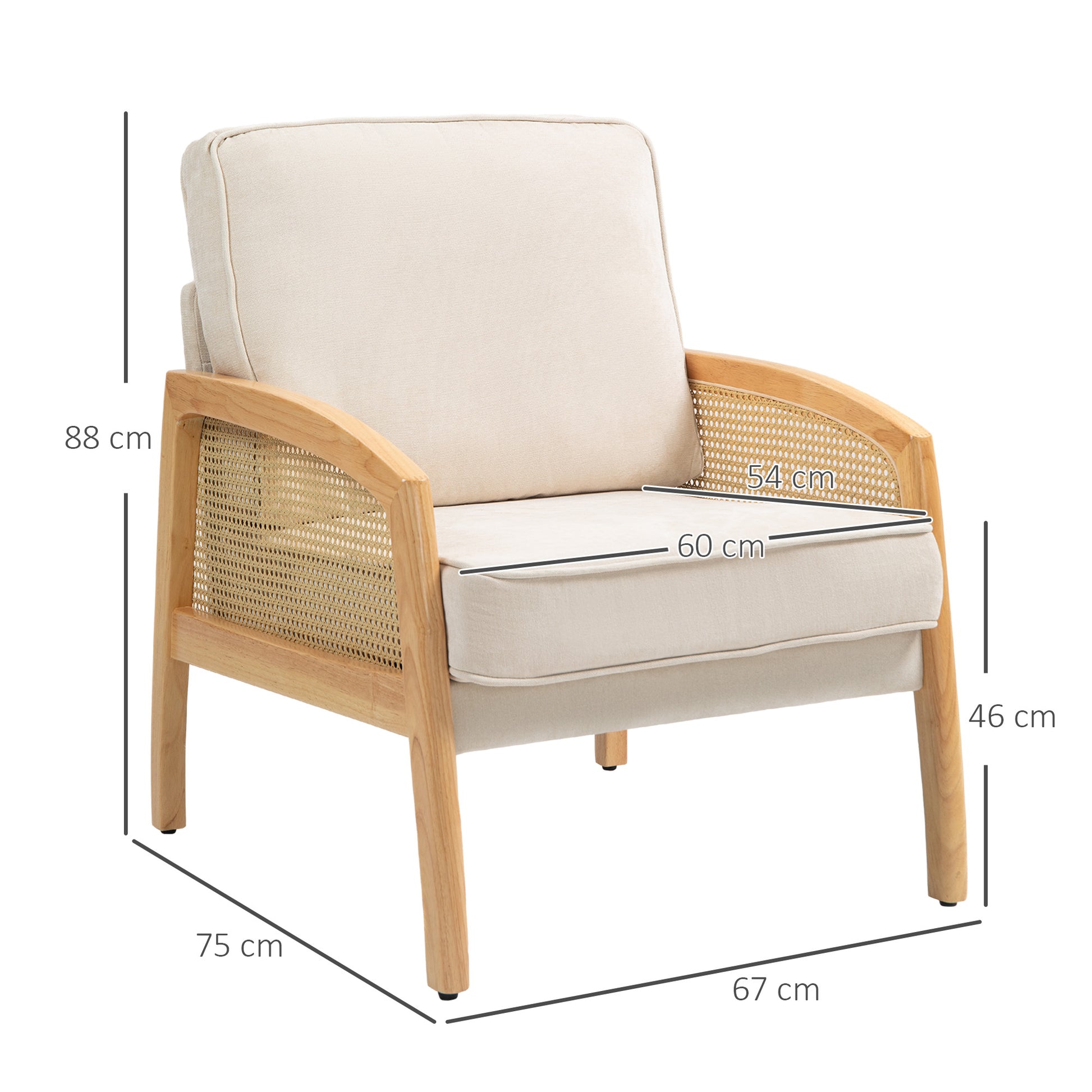 Modern Lounge Armchair for Bedroom with Rattan Armrests Removable Cushion and Wooden Legs Reading Sofa Load 120 kg for Office Living Room Beige