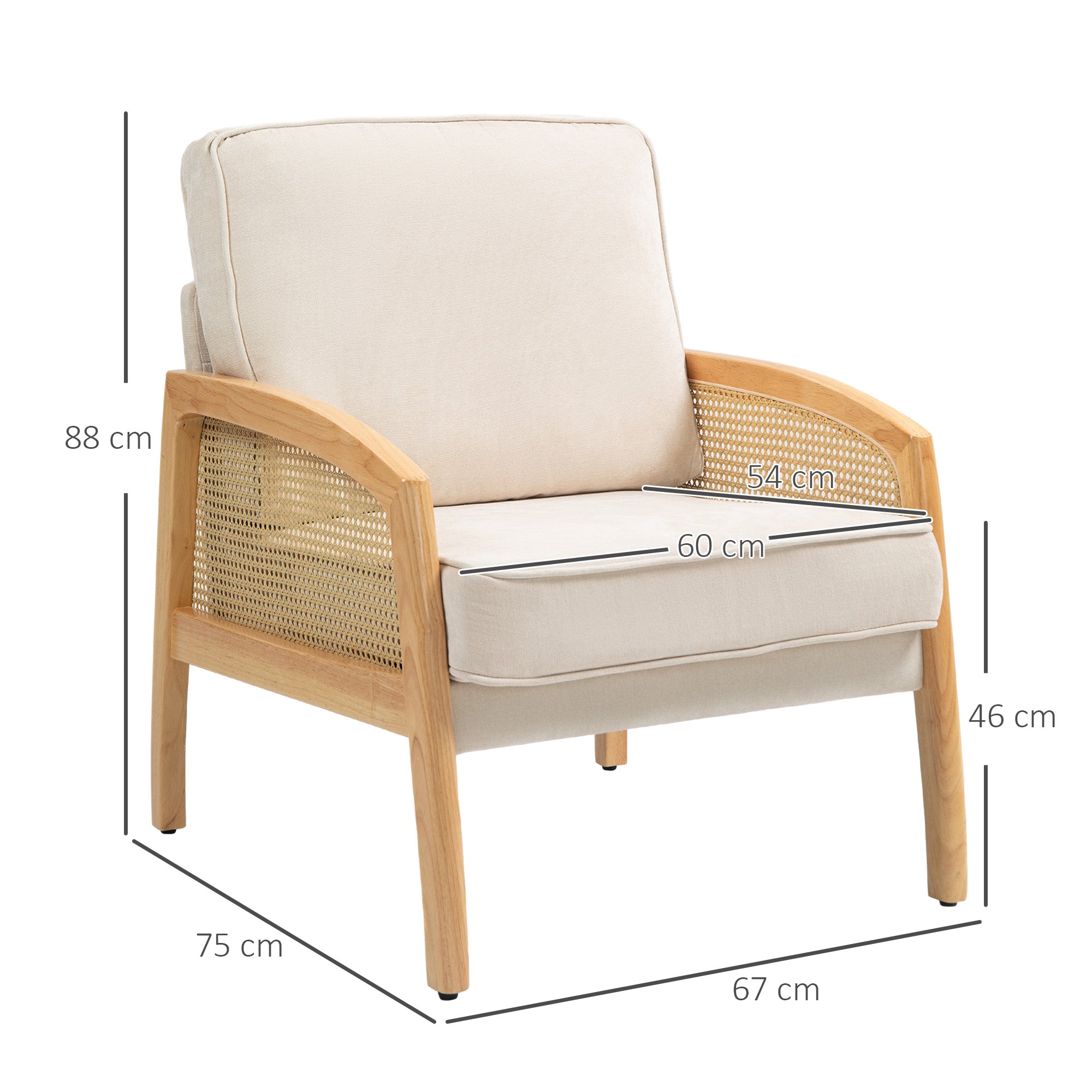 Modern Lounge Armchair for Bedroom with Rattan Armrests Removable Cushion and Wooden Legs Reading Sofa Load 120 kg for Office Living Room Beige