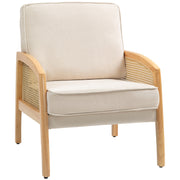 Modern Lounge Armchair for Bedroom with Rattan Armrests Removable Cushion and Wooden Legs Reading Sofa Load 120 kg for Office Living Room Beige