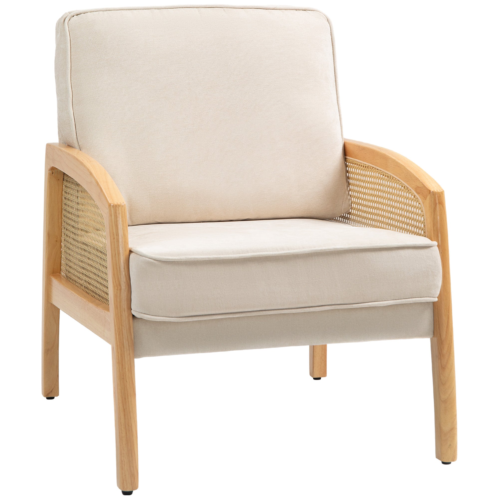 Modern Lounge Armchair for Bedroom with Rattan Armrests Removable Cushion and Wooden Legs Reading Sofa Load 120 kg for Office Living Room Beige