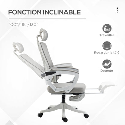 Office Chair, Ergonomic Chair, Swivel, Adjustable Height, Reclining Backrest, Adjustable Footrest, Headrest, Lumbar Support, Mesh Fabric, Gray