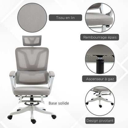 Office Chair, Ergonomic Chair, Swivel, Adjustable Height, Reclining Backrest, Adjustable Footrest, Headrest, Lumbar Support, Mesh Fabric, Gray