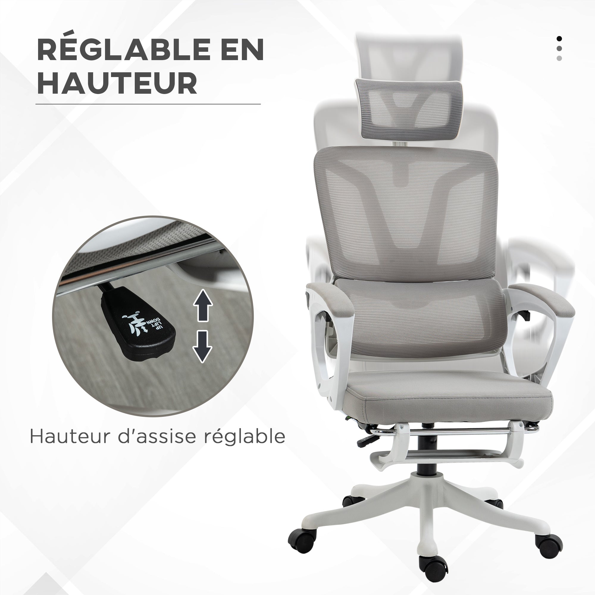Office Chair, Ergonomic Chair, Swivel, Adjustable Height, Reclining Backrest, Adjustable Footrest, Headrest, Lumbar Support, Mesh Fabric, Gray