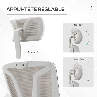 Office Chair, Ergonomic Chair, Swivel, Adjustable Height, Reclining Backrest, Adjustable Footrest, Headrest, Lumbar Support, Mesh Fabric, Gray