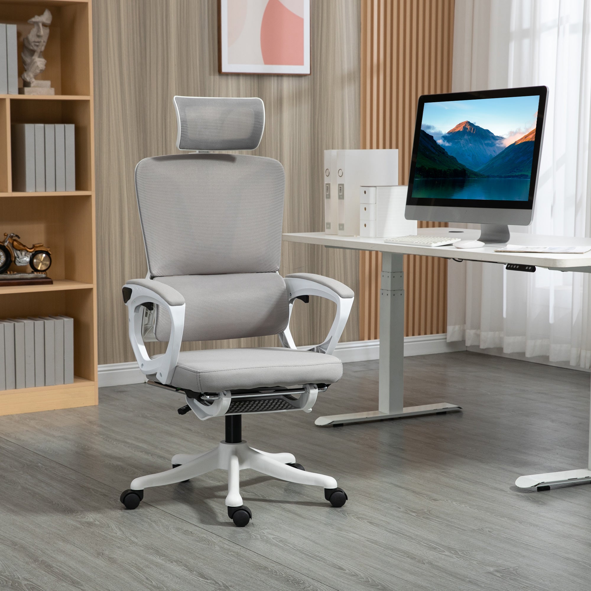 Office Chair, Ergonomic Chair, Swivel, Adjustable Height, Reclining Backrest, Adjustable Footrest, Headrest, Lumbar Support, Mesh Fabric, Gray