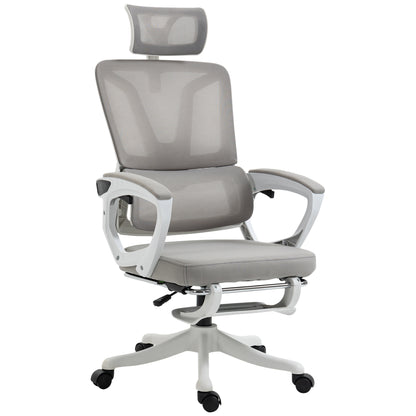 Office Chair, Ergonomic Chair, Swivel, Adjustable Height, Reclining Backrest, Adjustable Footrest, Headrest, Lumbar Support, Mesh Fabric, Gray