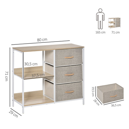 Chest of drawers with 3 removable fabric drawers, 2 shelves, and 1 large tabletop - 80 x 29 x 71 cm - beige
