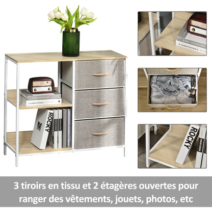 Chest of drawers with 3 removable fabric drawers, 2 shelves, and 1 large tabletop - 80 x 29 x 71 cm - beige
