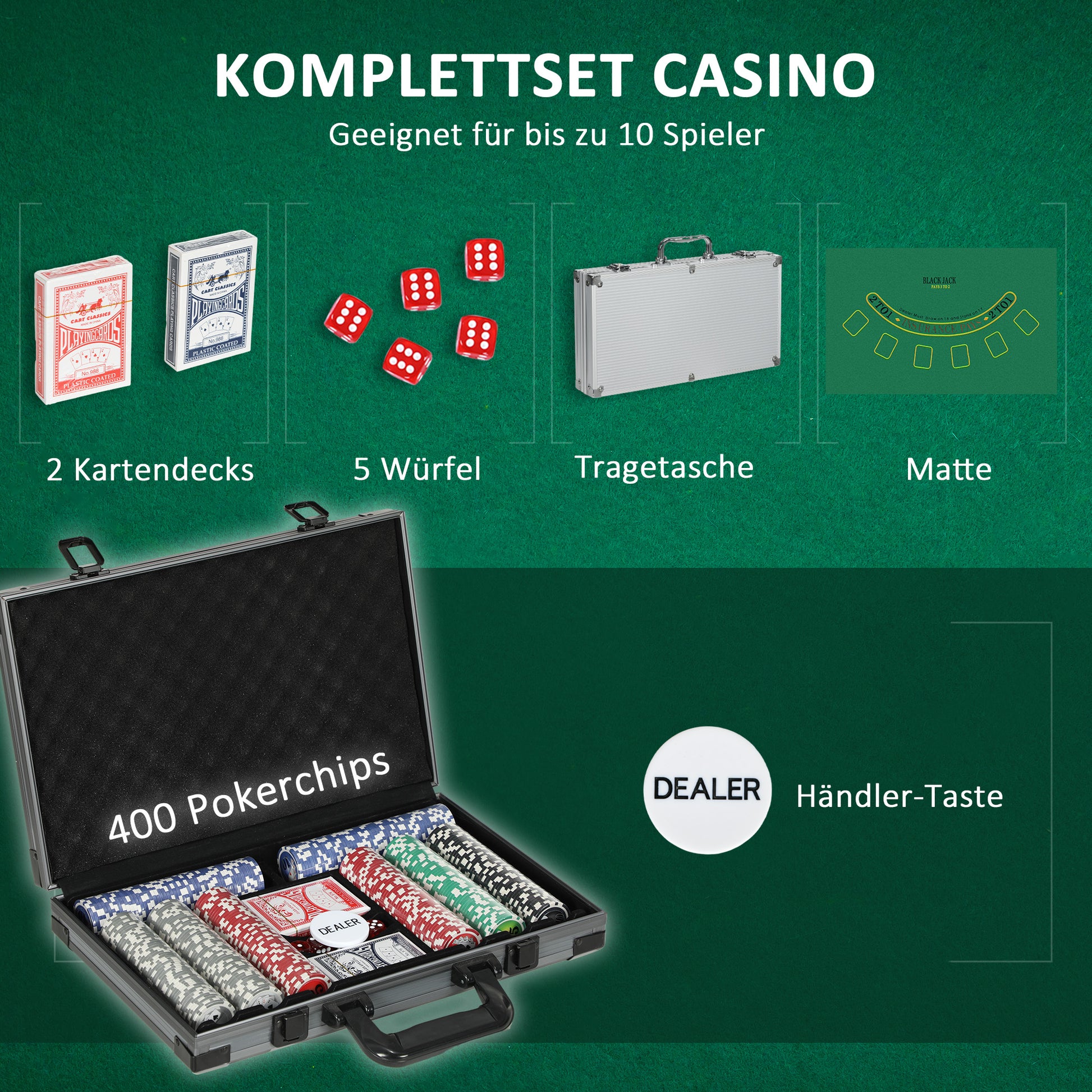 SPORTNOW Poker Set, Poker Complete Set with 400 Chips, 11.5 Grams, 2 Decks of Cards, 5 Dice, Inner Compartments, Dealer Button, Game Mat, Aluminum Case