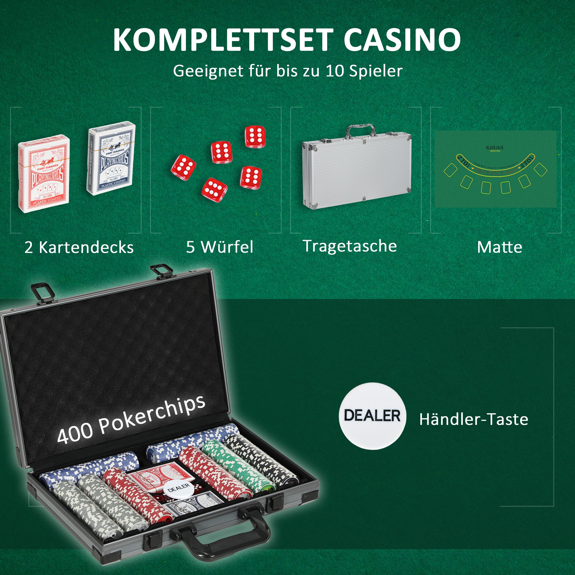 SPORTNOW Poker Set, Poker Complete Set with 400 Chips, 11.5 Grams, 2 Decks of Cards, 5 Dice, Inner Compartments, Dealer Button, Game Mat, Aluminum Case