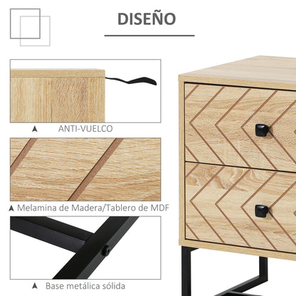 Nightstand Bedside Table with 2 Drawers and Metal Legs Modern Style for Bedroom Living Room Office 48x39.5x60 cm Natural