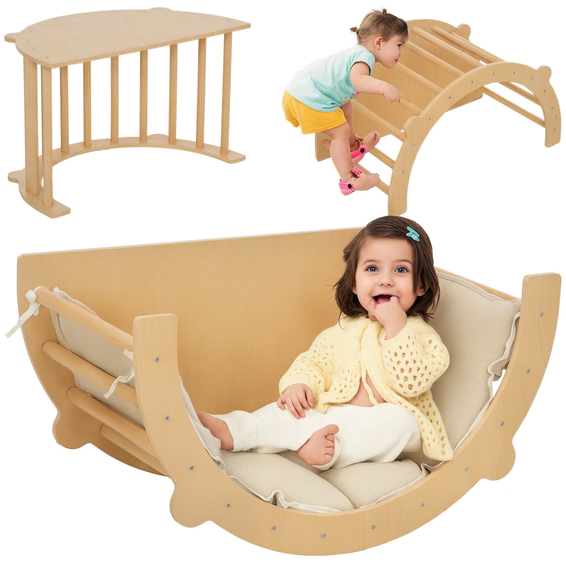 3 in 1 Climbing Arch Set with Tabletop Cushion, Climbing Bow to Swing and Climb, Wooden Climbing Toy, for Children 1.5-4 Years, Indoor, Natural Wood