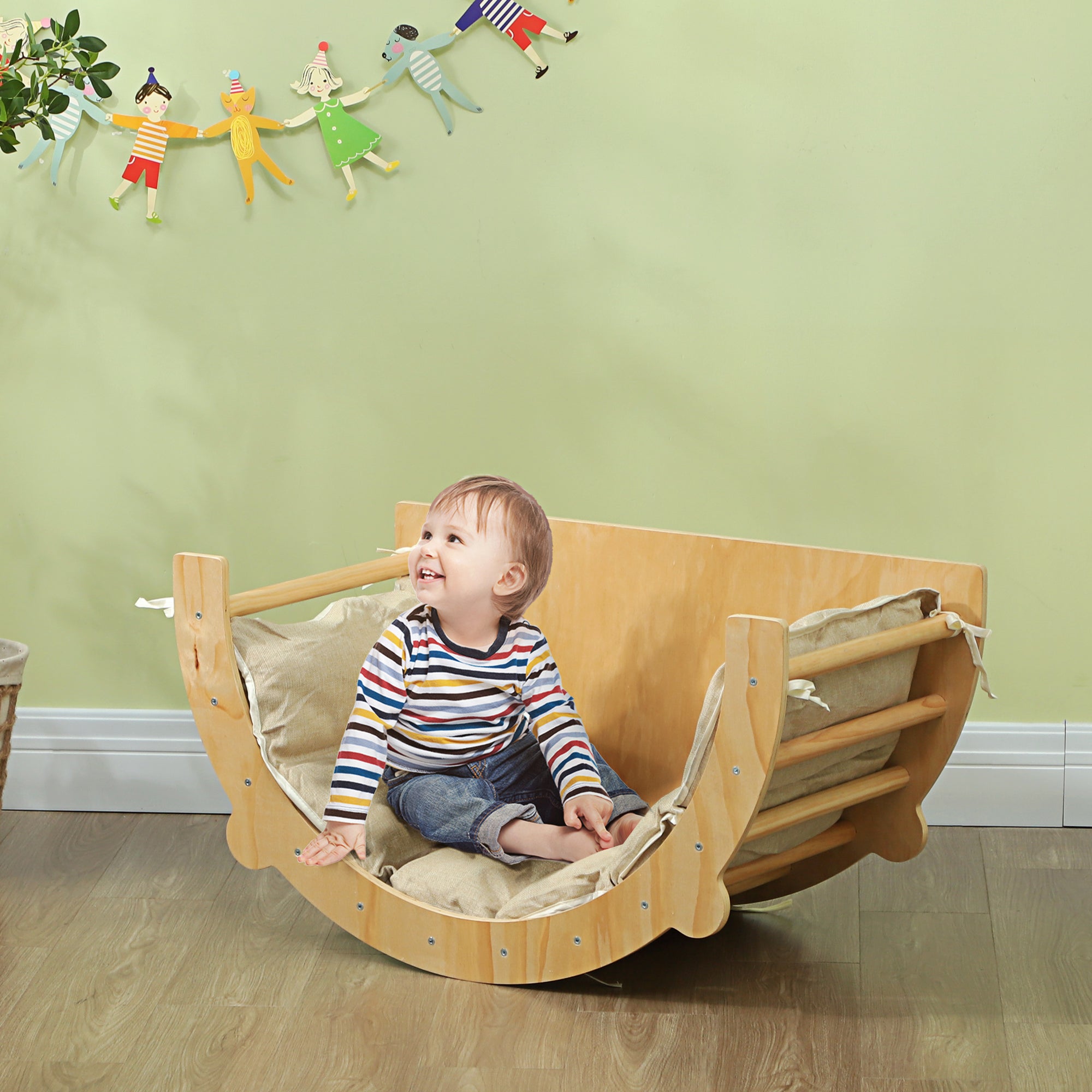 3 in 1 Climbing Arch Set with Tabletop Cushion, Climbing Bow to Swing and Climb, Wooden Climbing Toy, for Children 1.5-4 Years, Indoor, Natural Wood