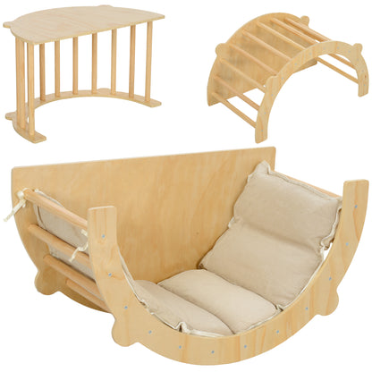 3 in 1 Climbing Arch Set with Tabletop Cushion, Climbing Bow to Swing and Climb, Wooden Climbing Toy, for Children 1.5-4 Years, Indoor, Natural Wood