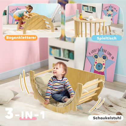 3 in 1 Climbing Arch Set with Tabletop Cushion, Climbing Bow to Swing and Climb, Wooden Climbing Toy, for Children 1.5-4 Years, Indoor, Natural Wood
